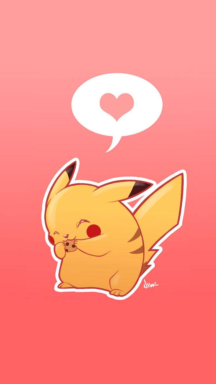 Bakgrunnsbilde av Pikachu med hjerte i en snakkeboble mot rosa bakgrunn.