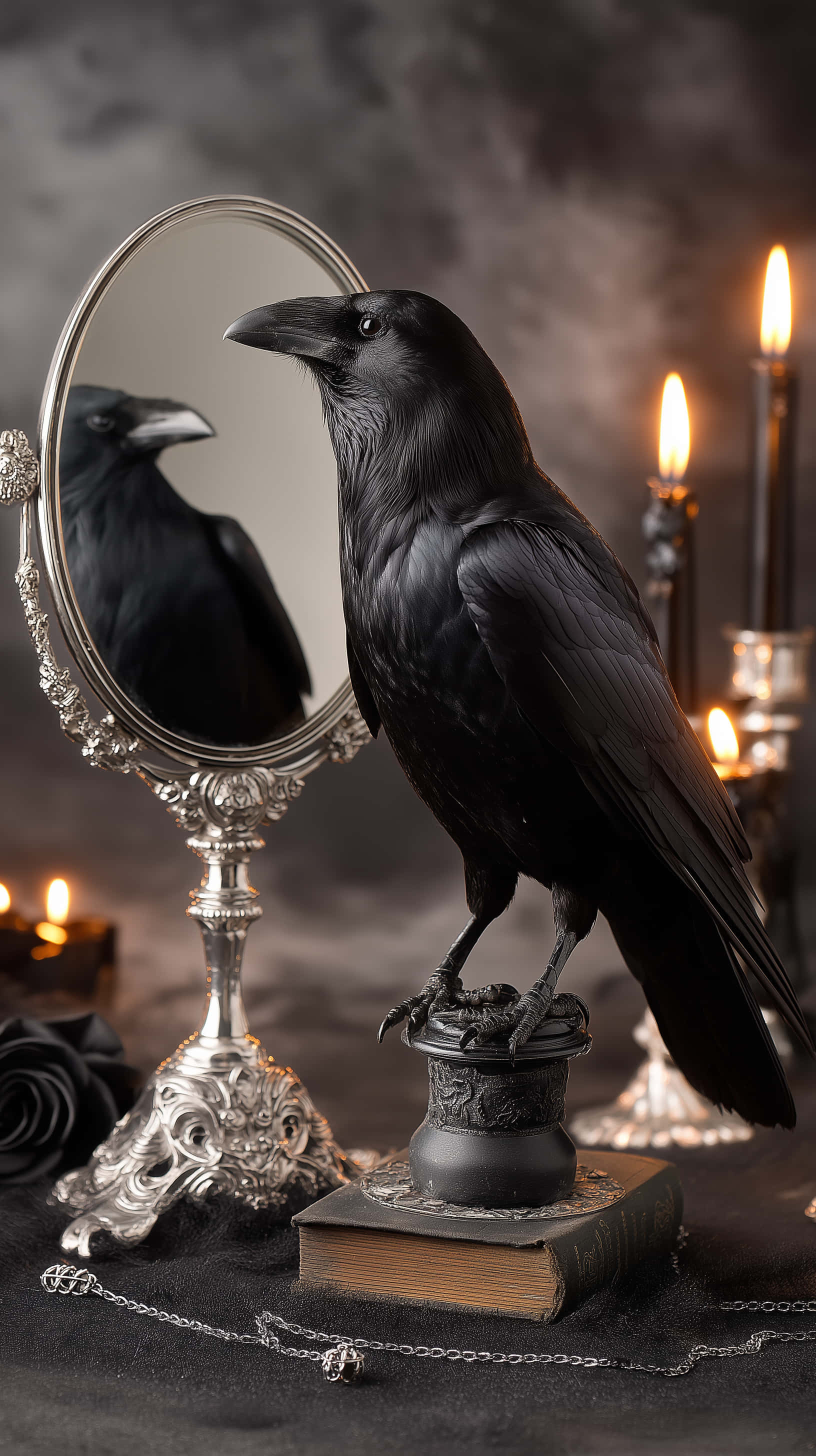 Ravn med utsmykket speil og lysende stearinlys, Dark Academia Bakgrunner