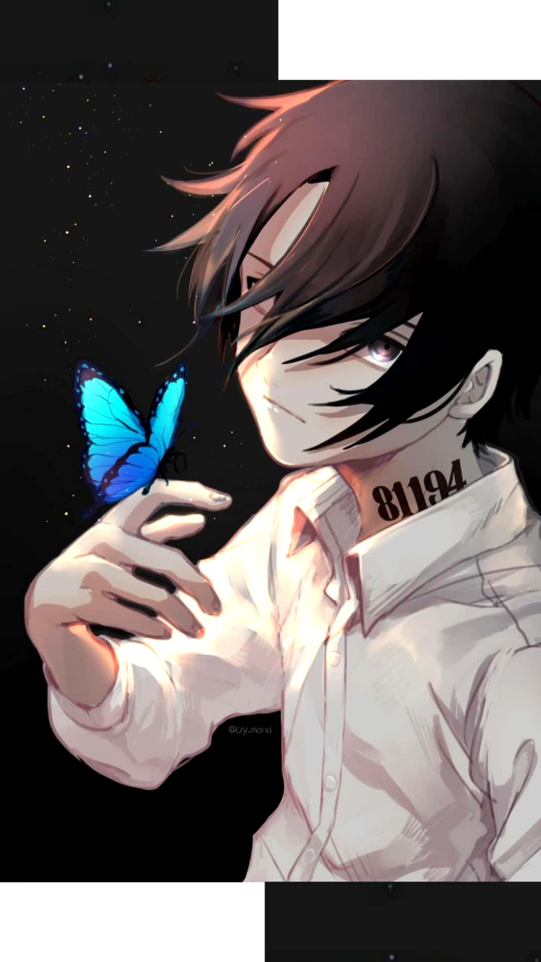 Ray fra The Promised Neverland med blå sommerfugl Bakgrunner