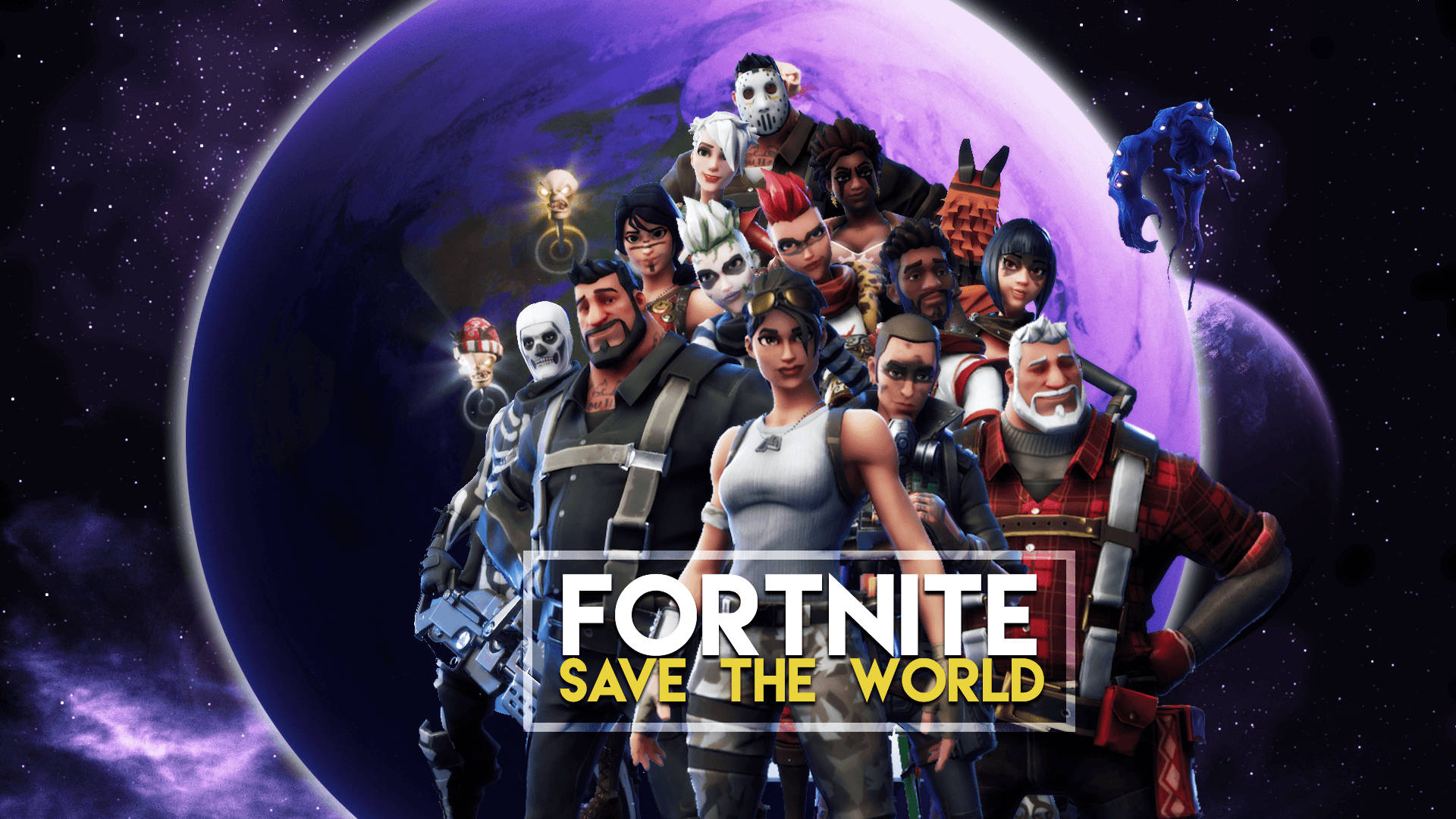 Fortnite-samling av flere karakterer fra Save The World-modus med planetbakgrunn.