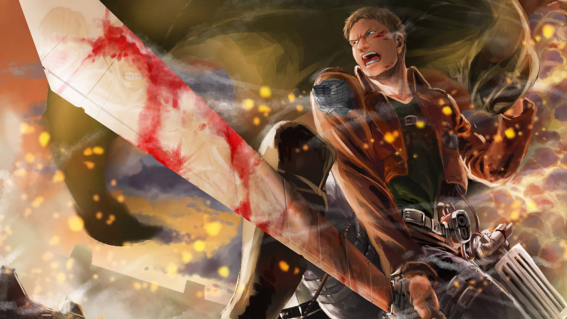 Reiner Braun i en undersøkelseskorps-uniform som holder et blodig sverd i Attack on Titan-fanart-bakgrunn.