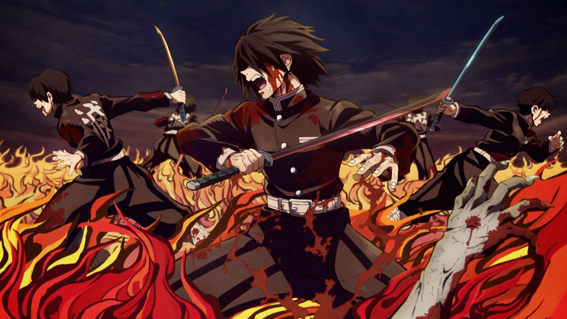 Demon Slayer-bakgrunnsbilde av demonjegere som kjemper mot demoner omgitt av flammende ild.