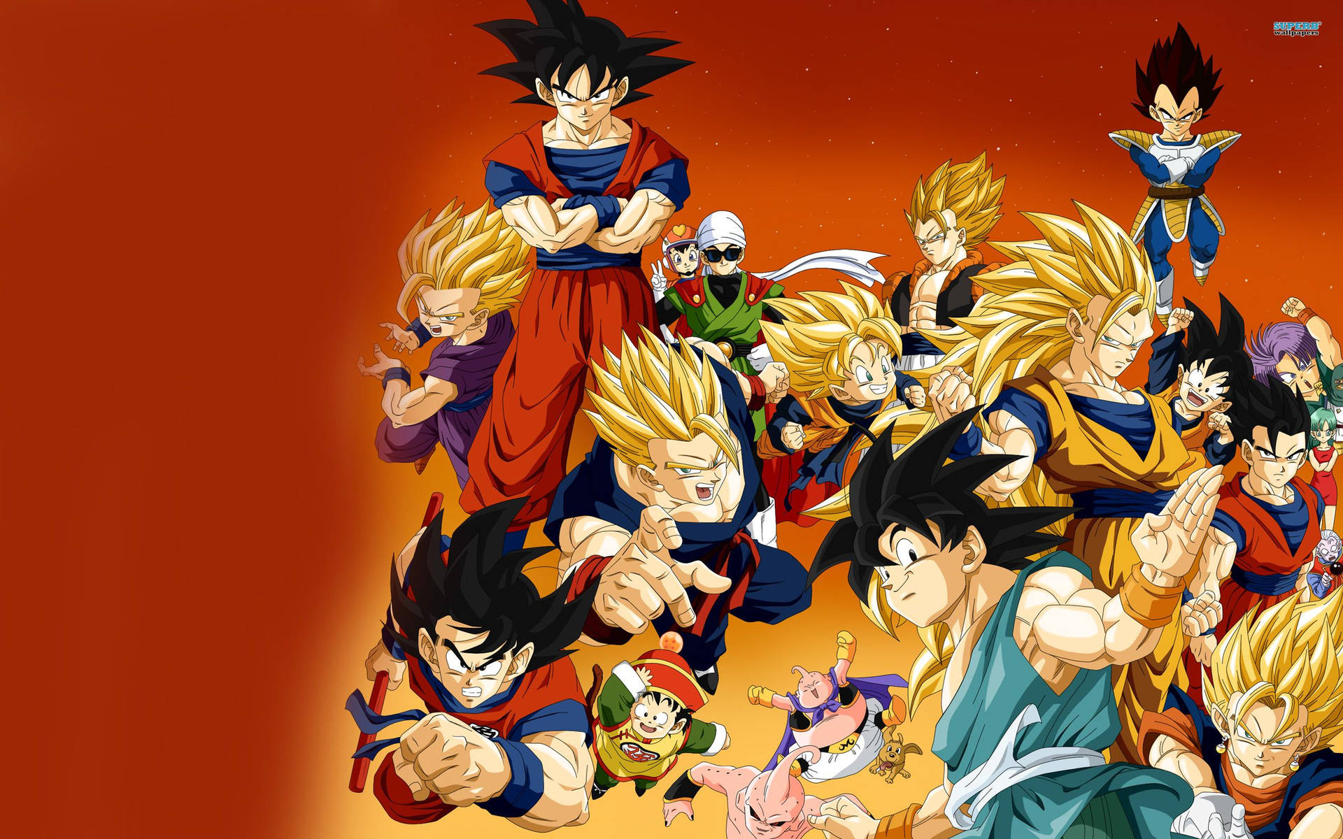 Dragon Ball Z Super Saiyans San Goku, Vegeta, Gohan, Goten og andre karakterer.