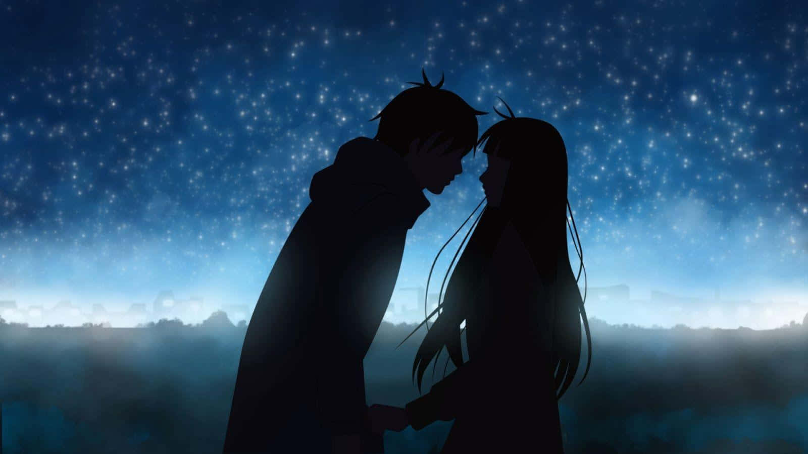 Romantisk anime-par silhuett blå nattehimmel Bakgrunner