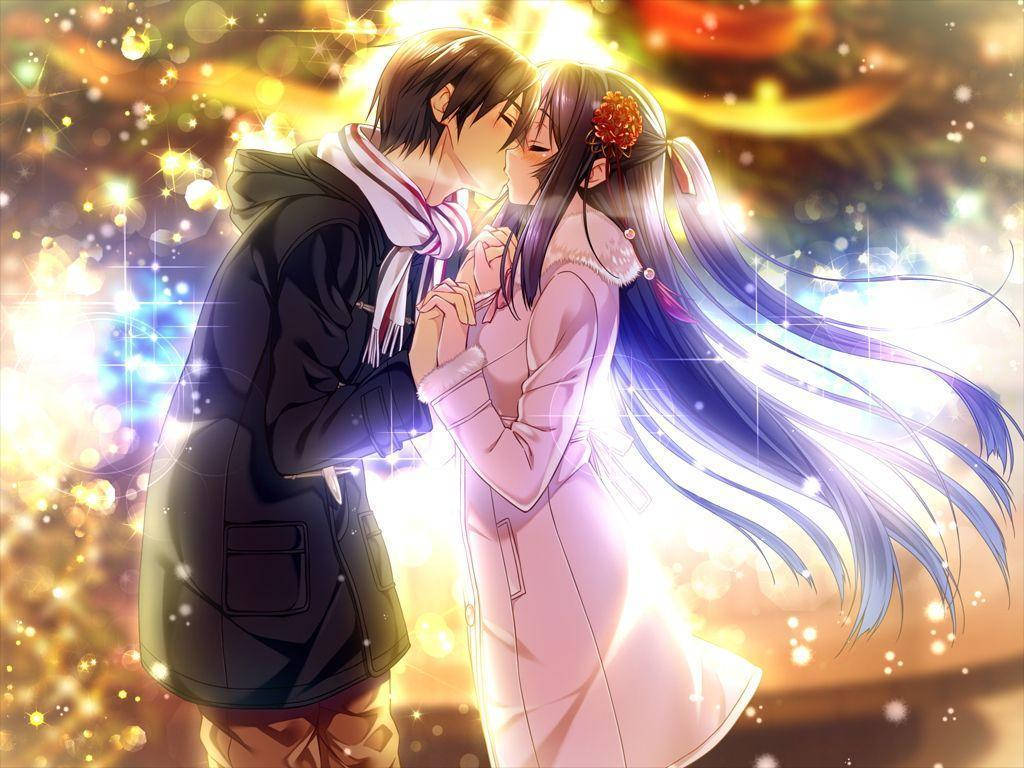 Romantisk anime-kyss mens de holder hender Bakgrunner