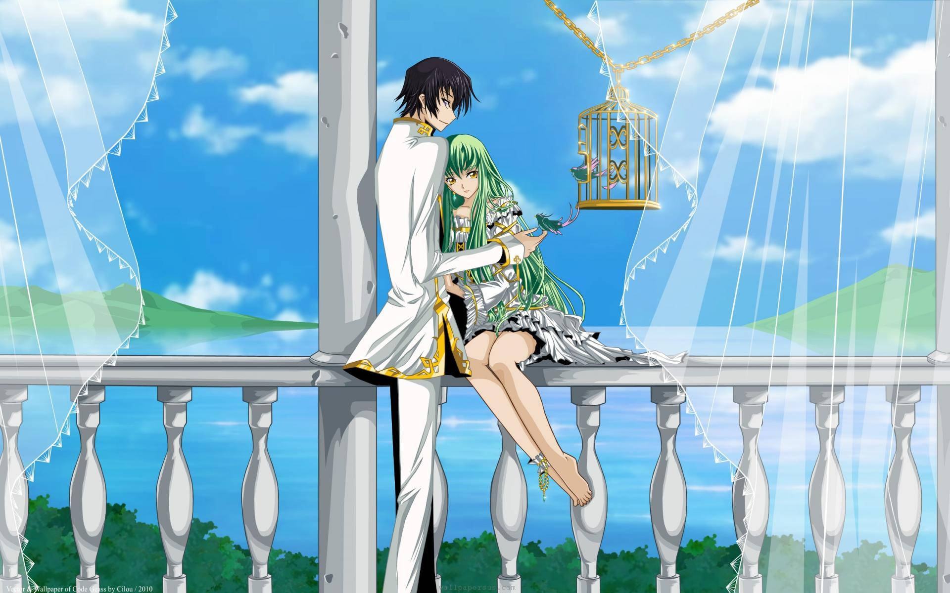 Romantisk anime-par på balkong Bakgrunner