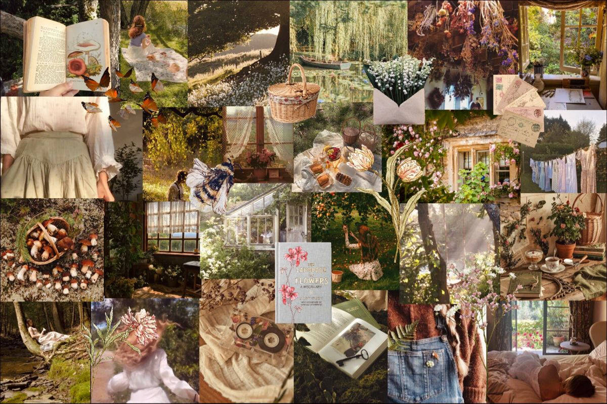 Romantisk landlig collage Cottagecore skrivebord Bakgrunner