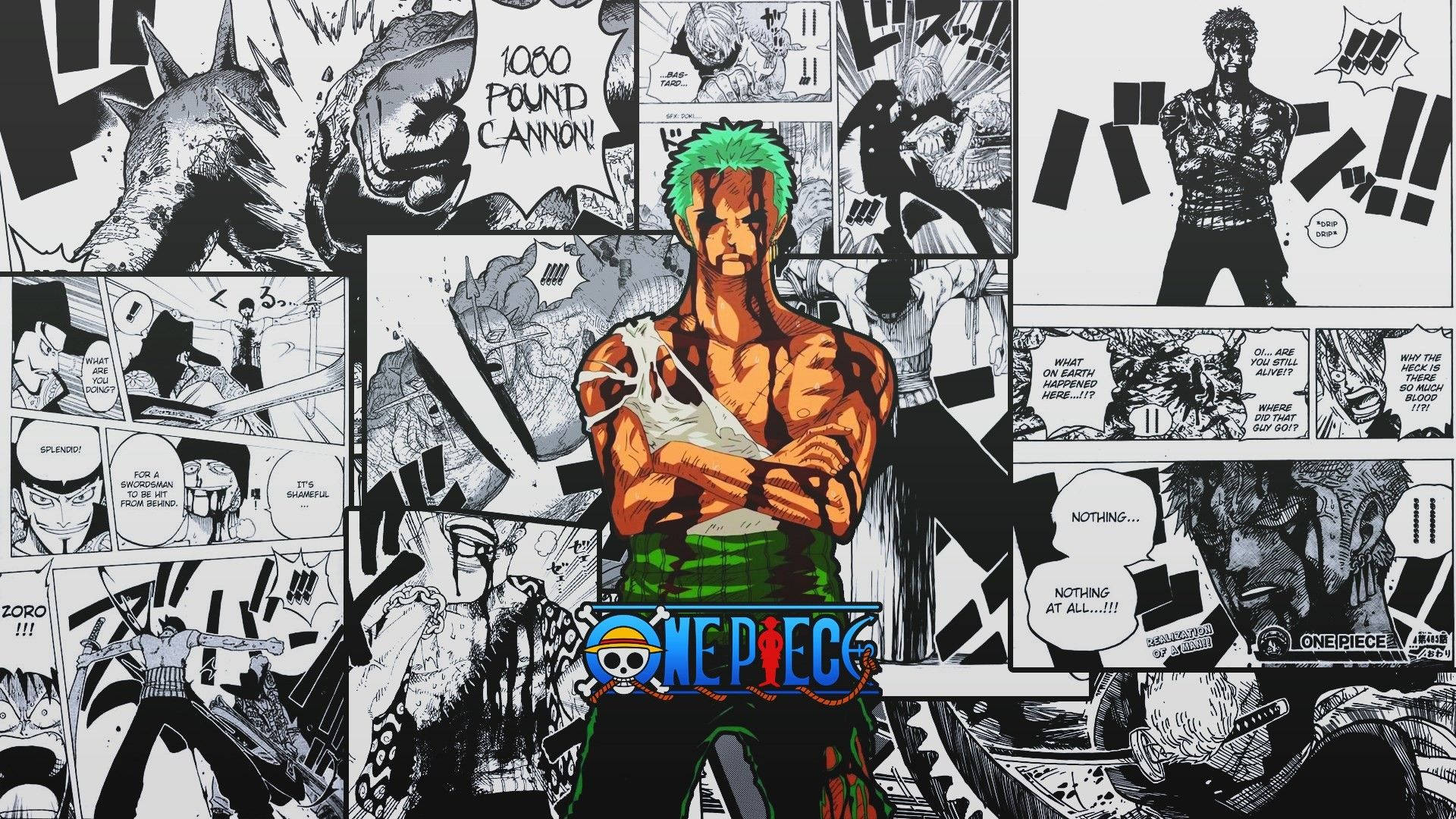 Blodig Zoro midt i svart-hvitt mangasider av seg selv One Piece-bakgrunnsbilde.