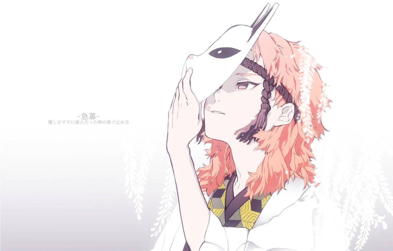 Demon Slayer-bakgrunnsbilde av Sabito iført Kitsune-maske med hvite wisteria-blomster.
