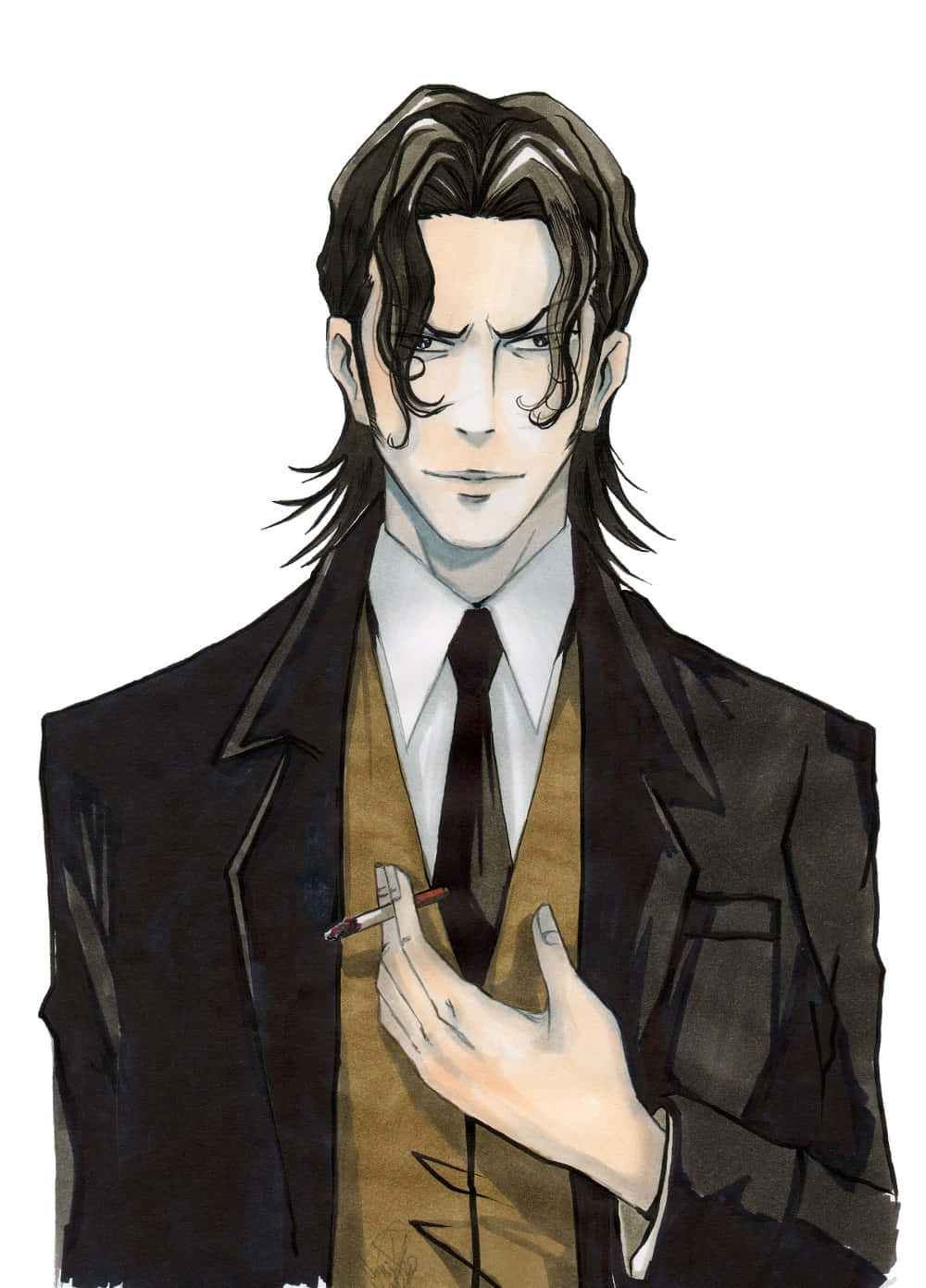 Sakuya Togane, den gåtefulle karakteren fra Psycho-Pass, i en alvorlig positur. Bakgrunner