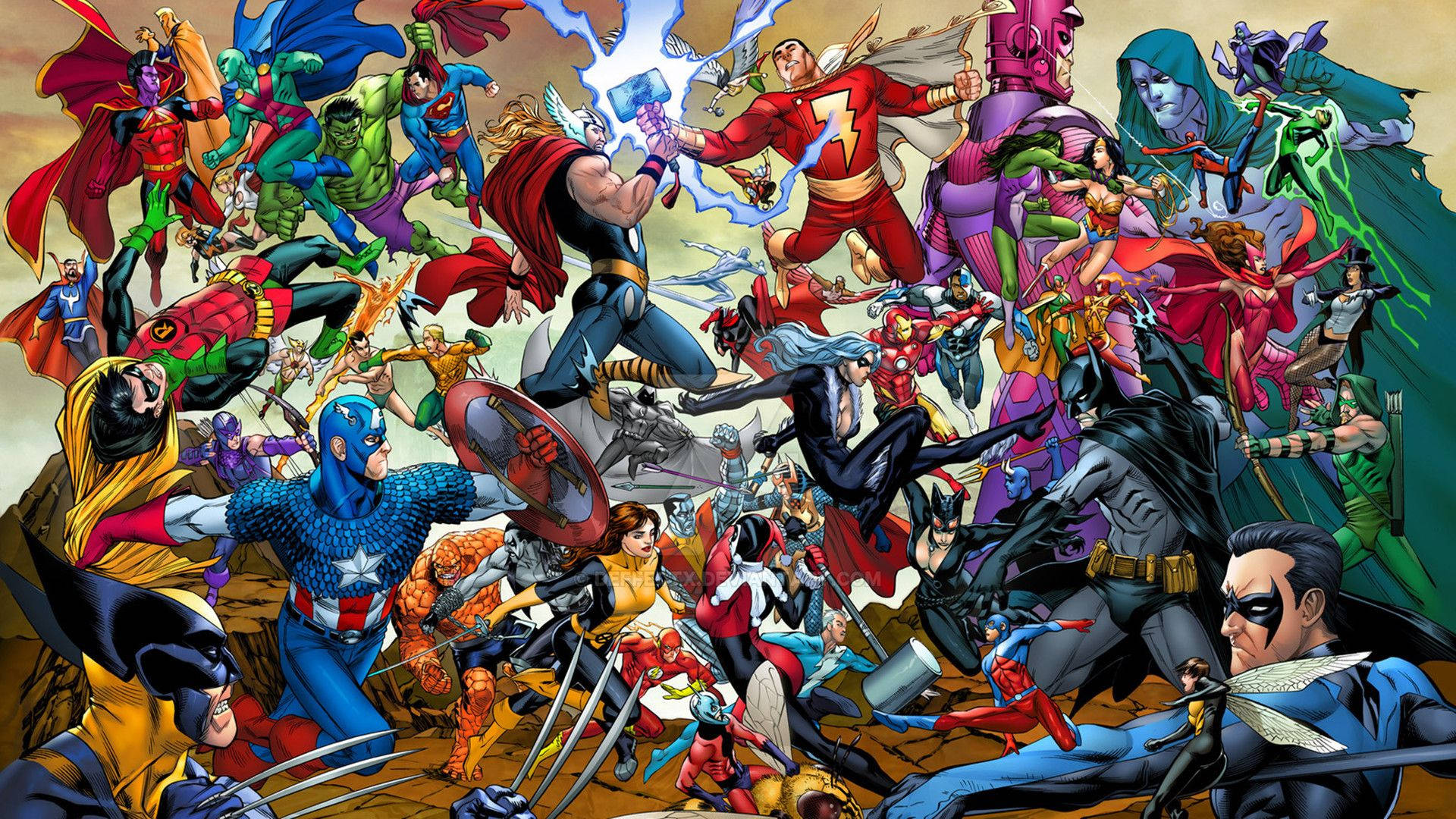 Marvel-superhelt og -skurk i én tegneseriebakgrunn.