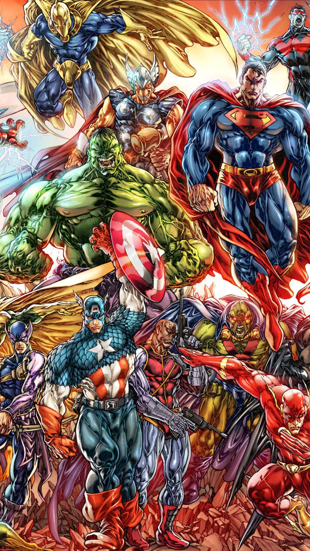 Marvel-tegneserier fargerik bakgrunn med helter og skurker.
