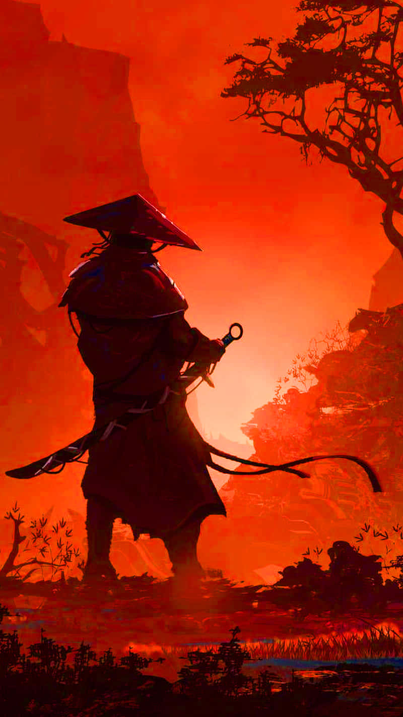Samurai Anime Ronin Kriger Rødt Fjell Bakgrunner