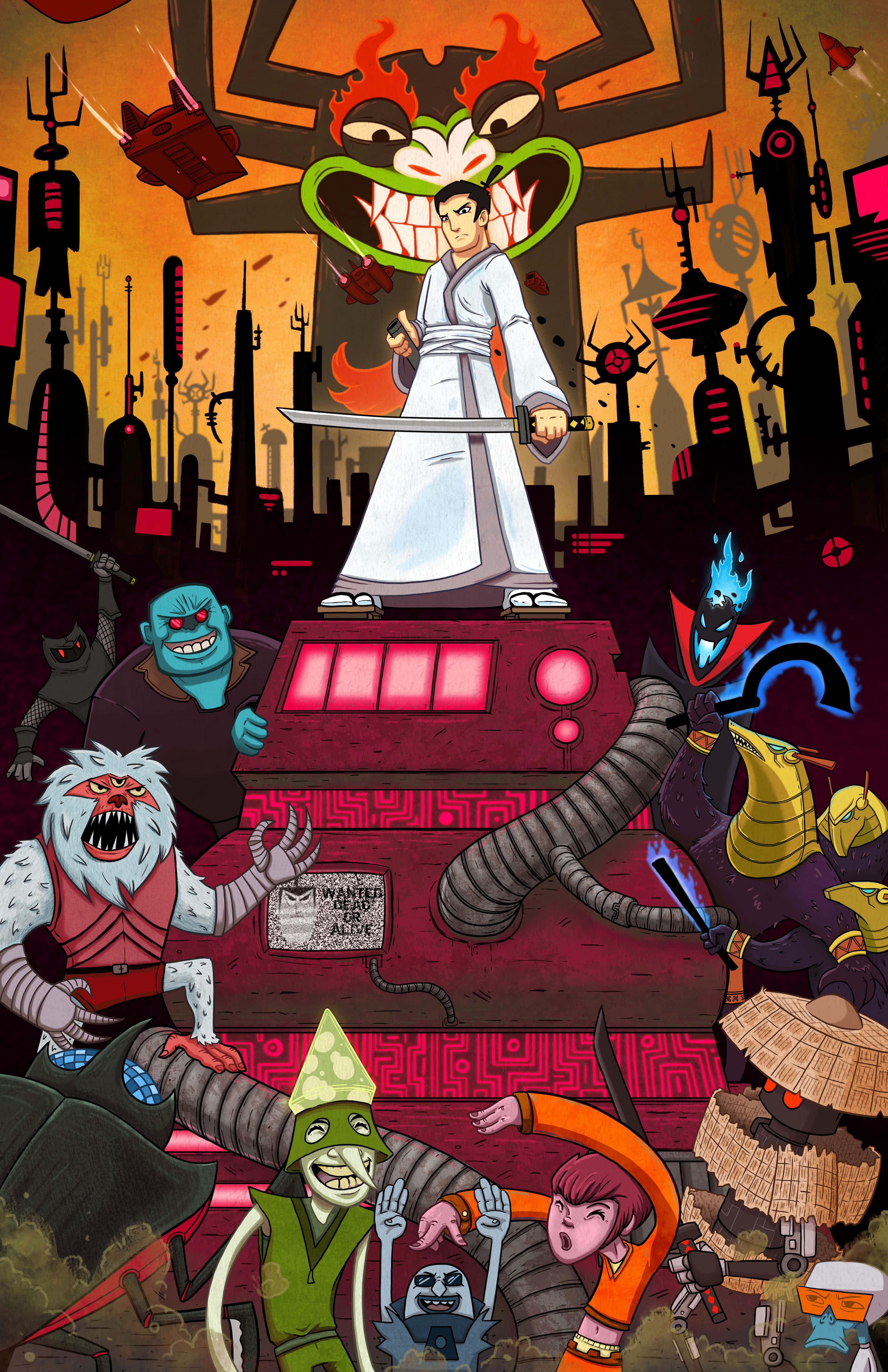 Samurai Jack i et stilisert landskap Bakgrunner