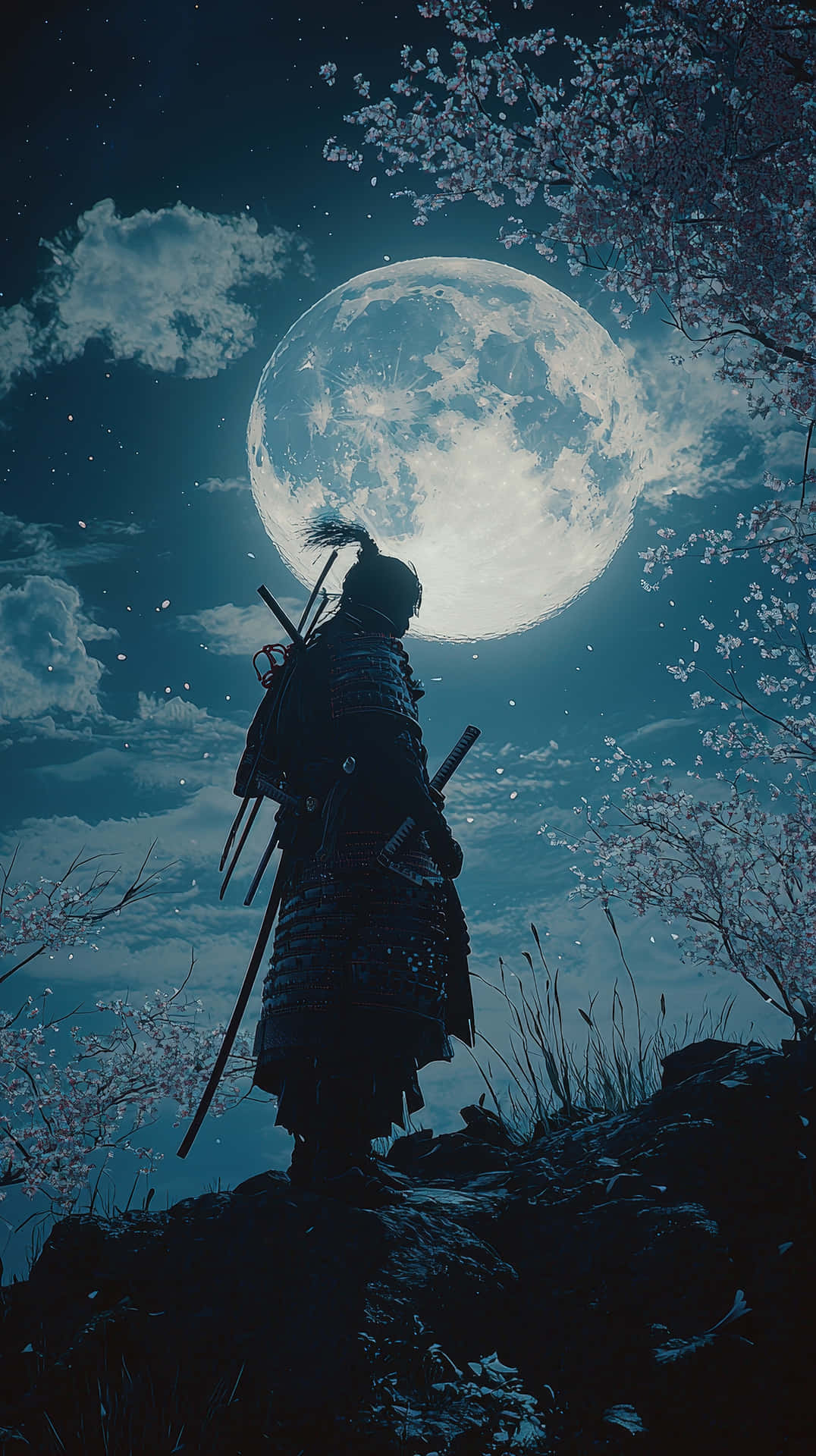 samurai,kriger,måne,natt,kirsebærblomst,katana,rustning,tradisjonell,historisk,Japan,silhuett,cinematisk,mystisk,fantasi,episk,legende,bushido,ære,sverdkjemper,kamp