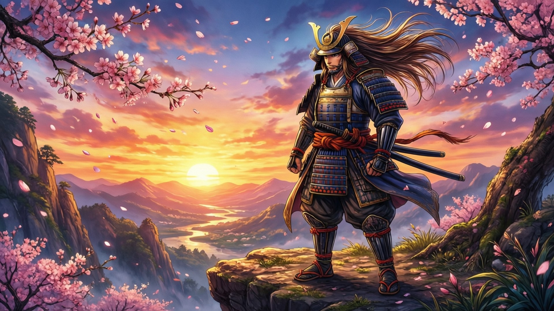 Samurai-solnedgang Manga Bakgrunner