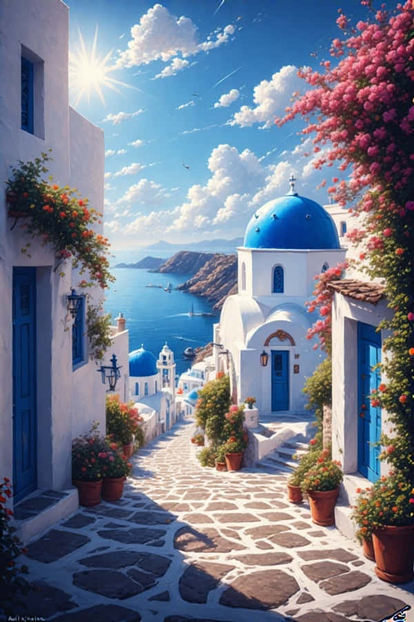 Santorini blå kupler og hvite hus Hellas 4K Bakgrunner