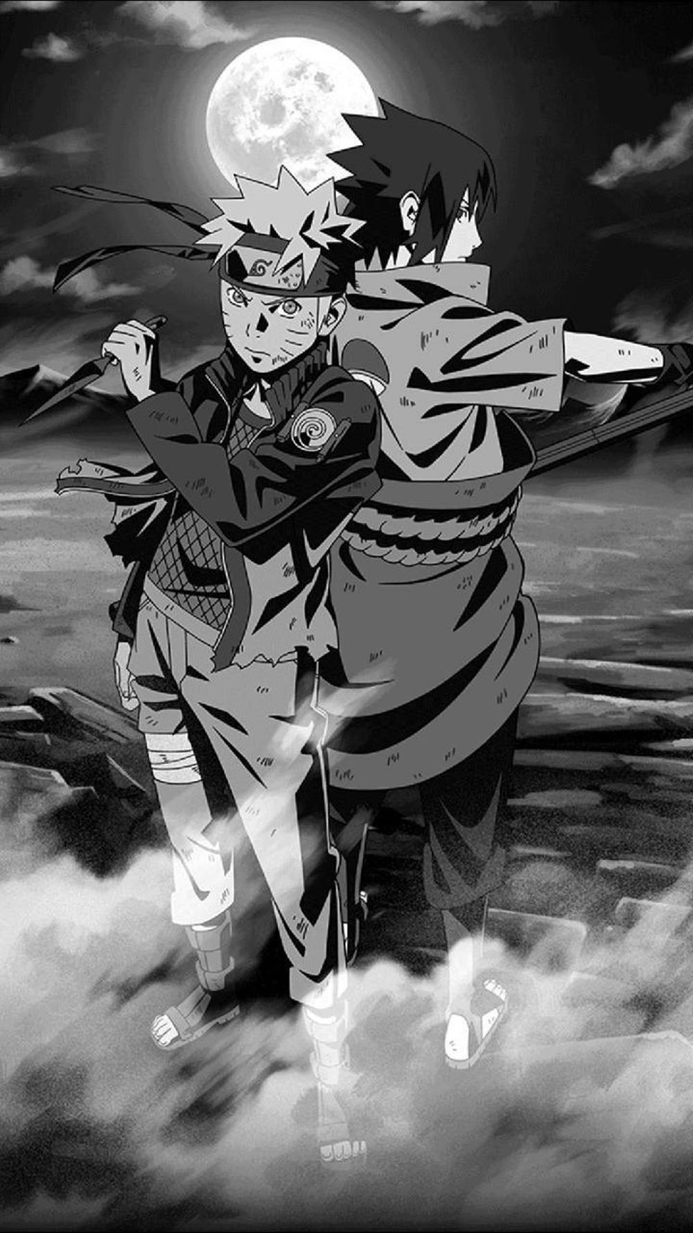 Sasuke og Naruto rygg mot rygg svart Bakgrunner