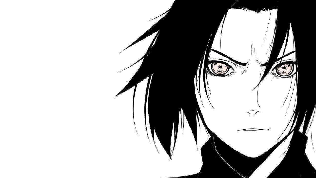 Svart-hvitt-bakgrunnsbilde av rasende Sasuke Uchiha