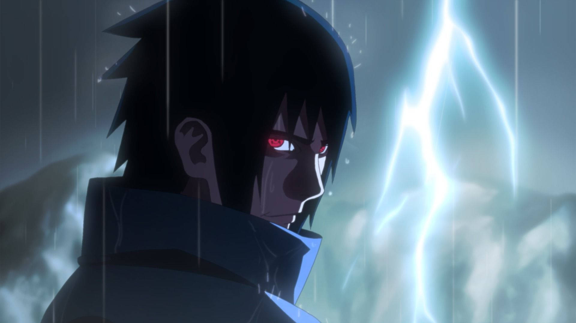 Tapet av Sasuke som viser frem evige mangekyo sharingan-øyne.
