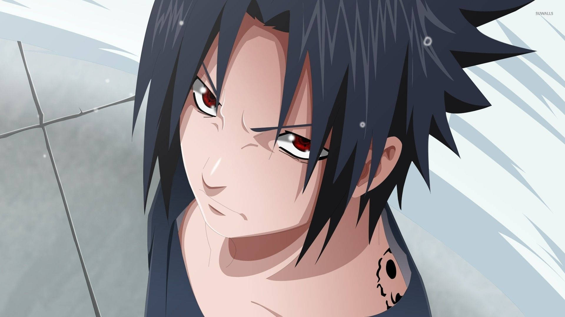 Bakgrunnsbilde av Sasuke Uchiha med det forbannede himmeltegnet som tatovering. — Kule anime-GIF Bakgrunner