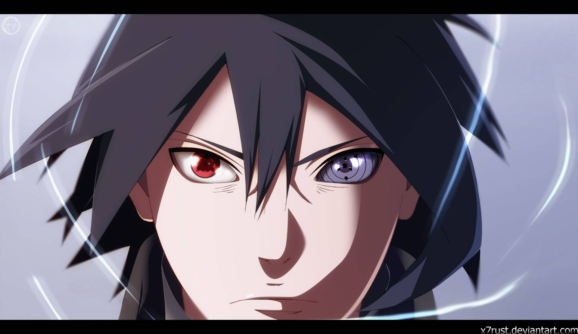 Bakgrunnsbilde av Sasuke Uchiha som viser frem Rinnegan- og Sharingan-øyne.