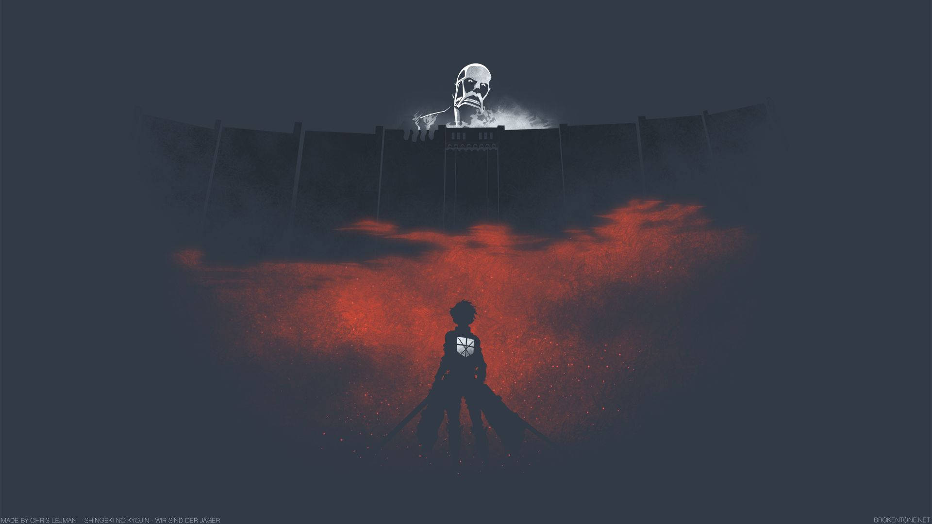 Eren stirrer mot muren med en tittende Kolossal Titan i Attack on Titan digitalt kunstbakgrunnsbilde.