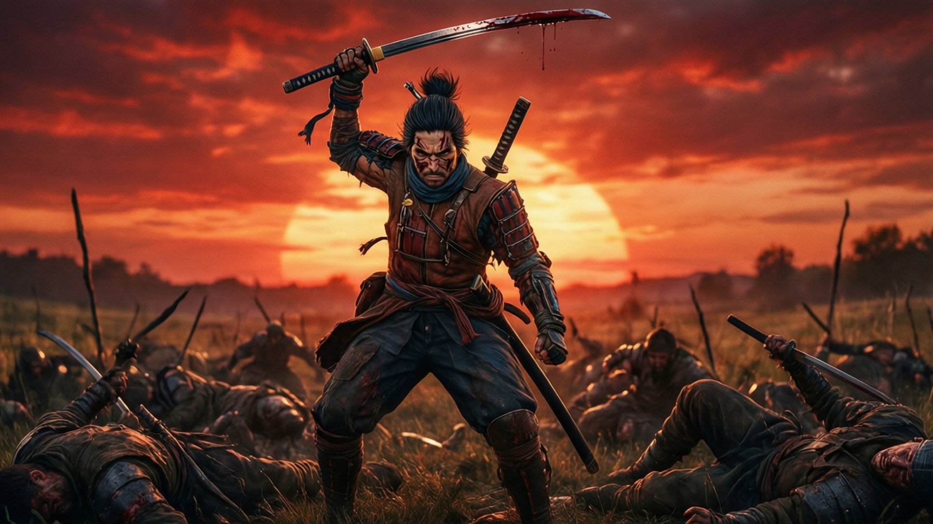 Triumferende Sekiro står over falne fiender i skumringen