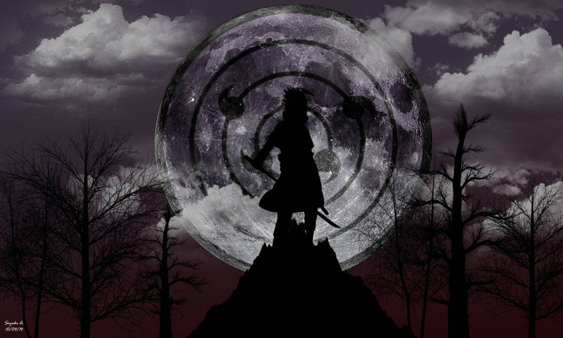 Sasuke Uchiha-bakgrunnsbilde med fullmåne som projiserer Infinite Tsukuyomi-genjutsu