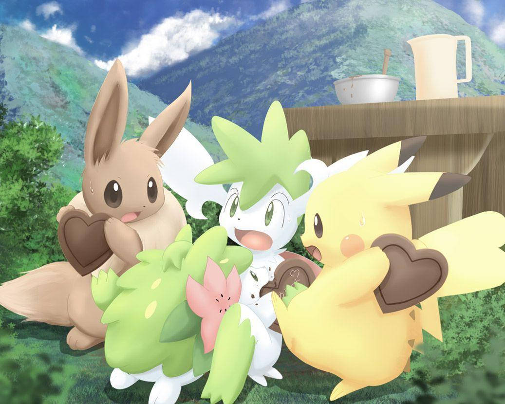 Shaymin som leker med Pikachu og Eevee Bakgrunner