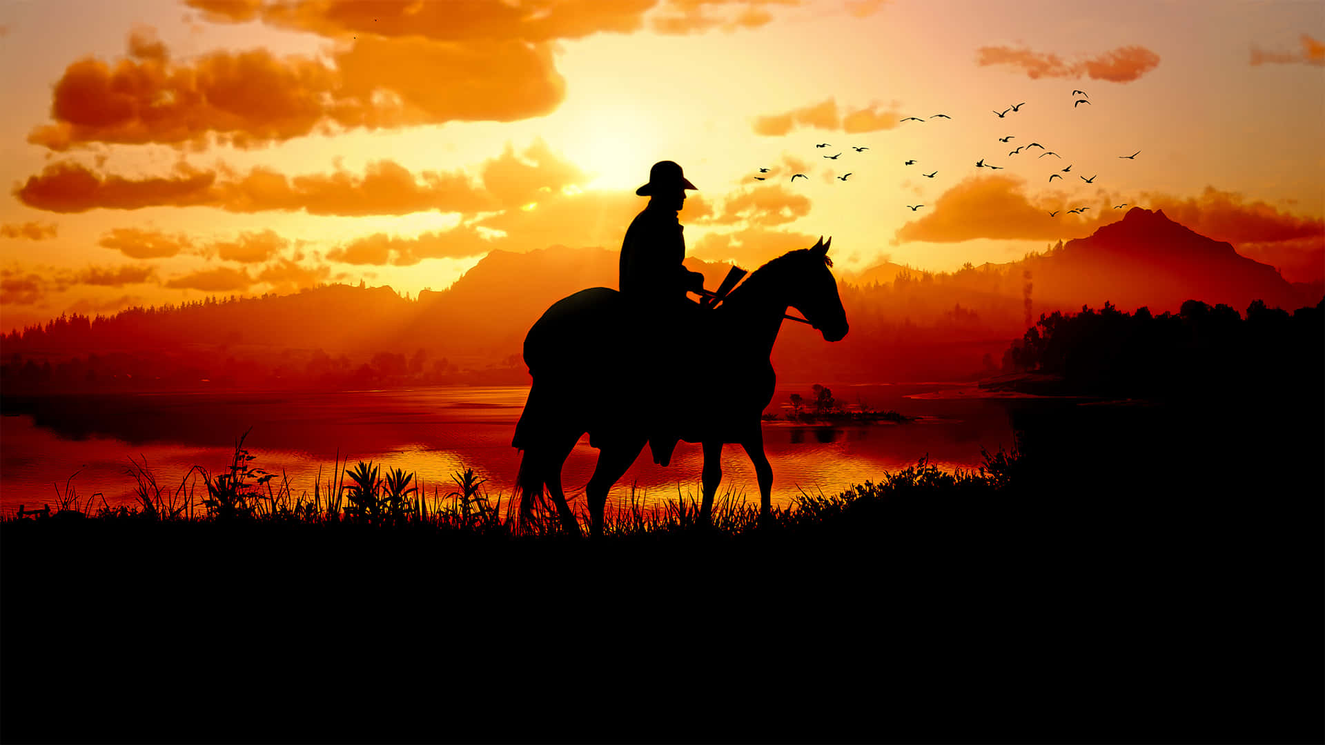 Sheriff rir på hest med solnedgang 1920x1080 Red Dead Redemption 2 Bakgrunn Bakgrunner