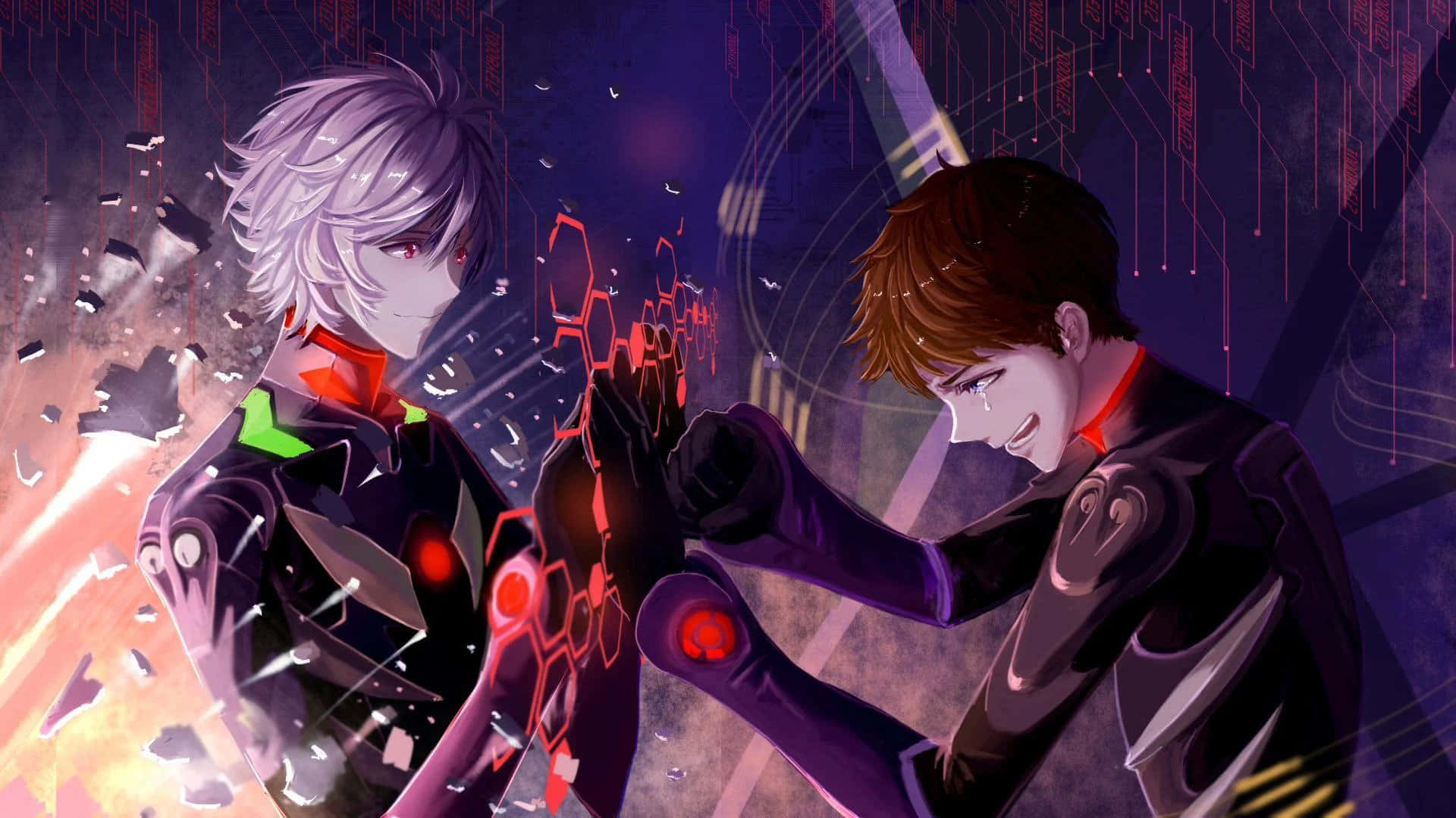 Shinji Ikari beskytter Tokyo-3 mot en truende fare i Neon Genesis Evangelion Bakgrunner