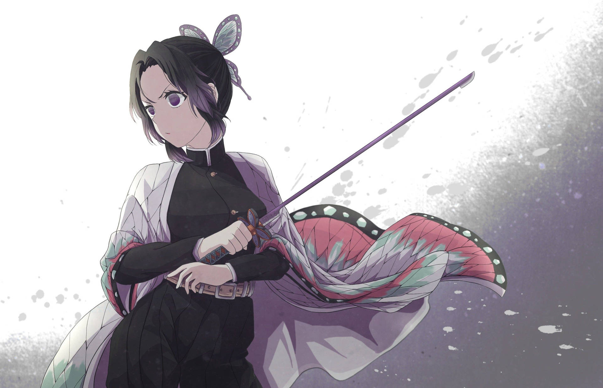 Demon Slayer-bakgrunnsbilde av Hashira Shinobu Kocho som holder det lange tynne sverdet sitt