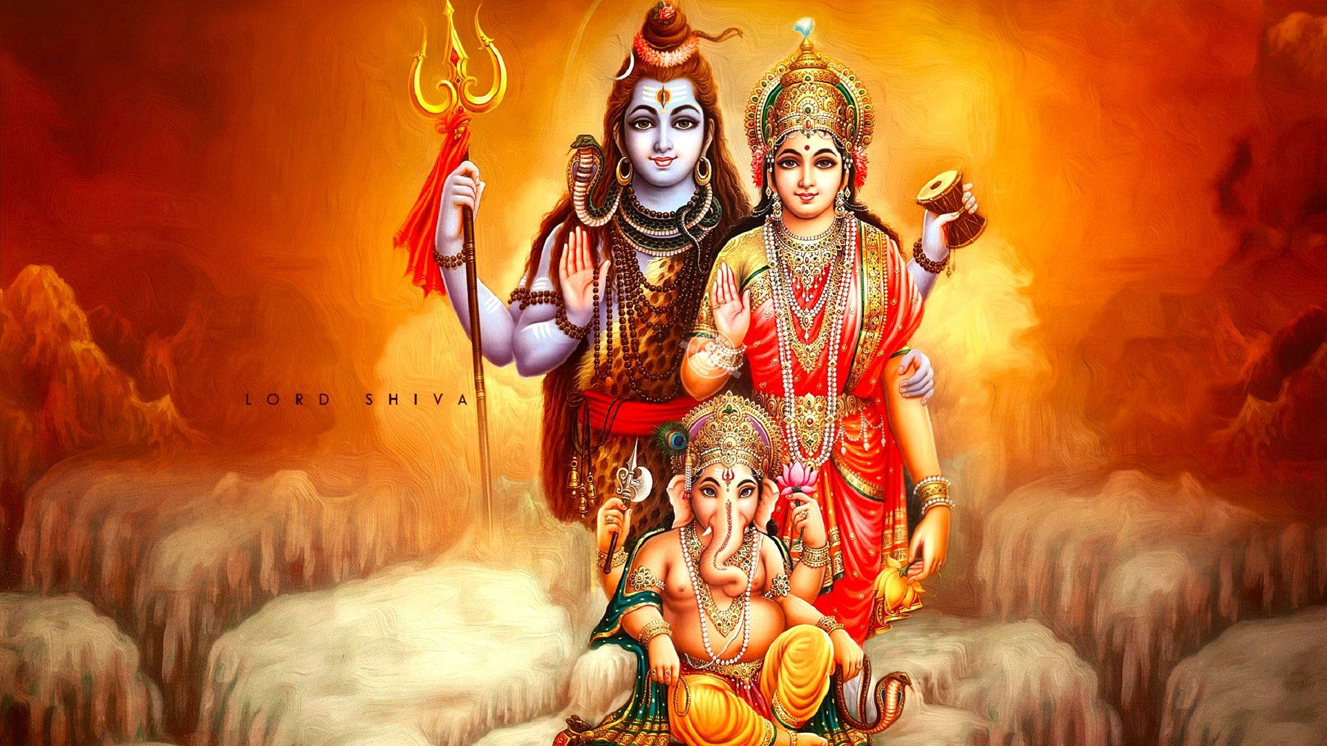 Shiva Parvati Ganesha rød og oransje bakgrunn Bakgrunner