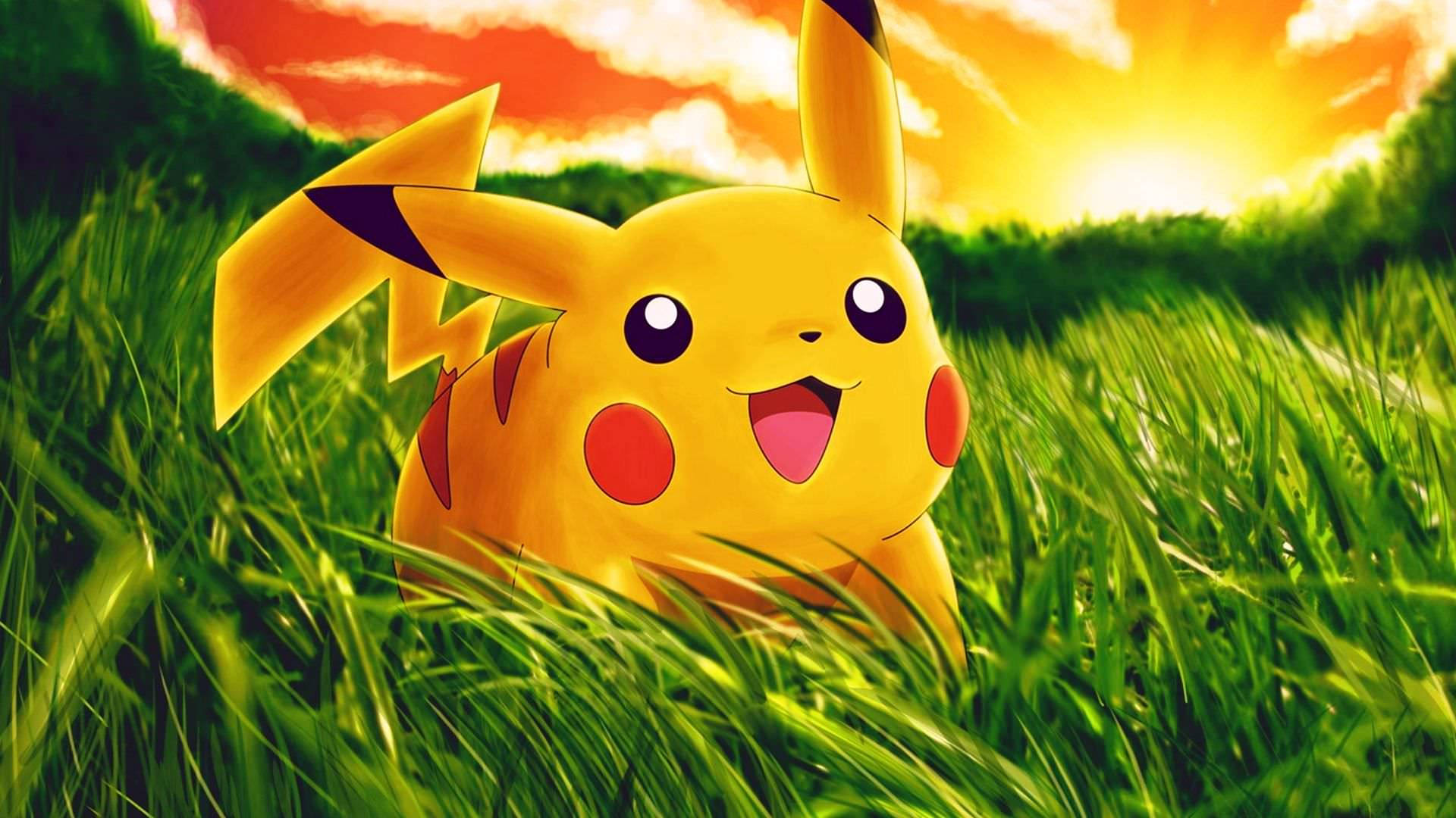 Søt Pokémon Pikachu som leker på engene bakgrunn. — Søt estetisk GIF Bakgrunner