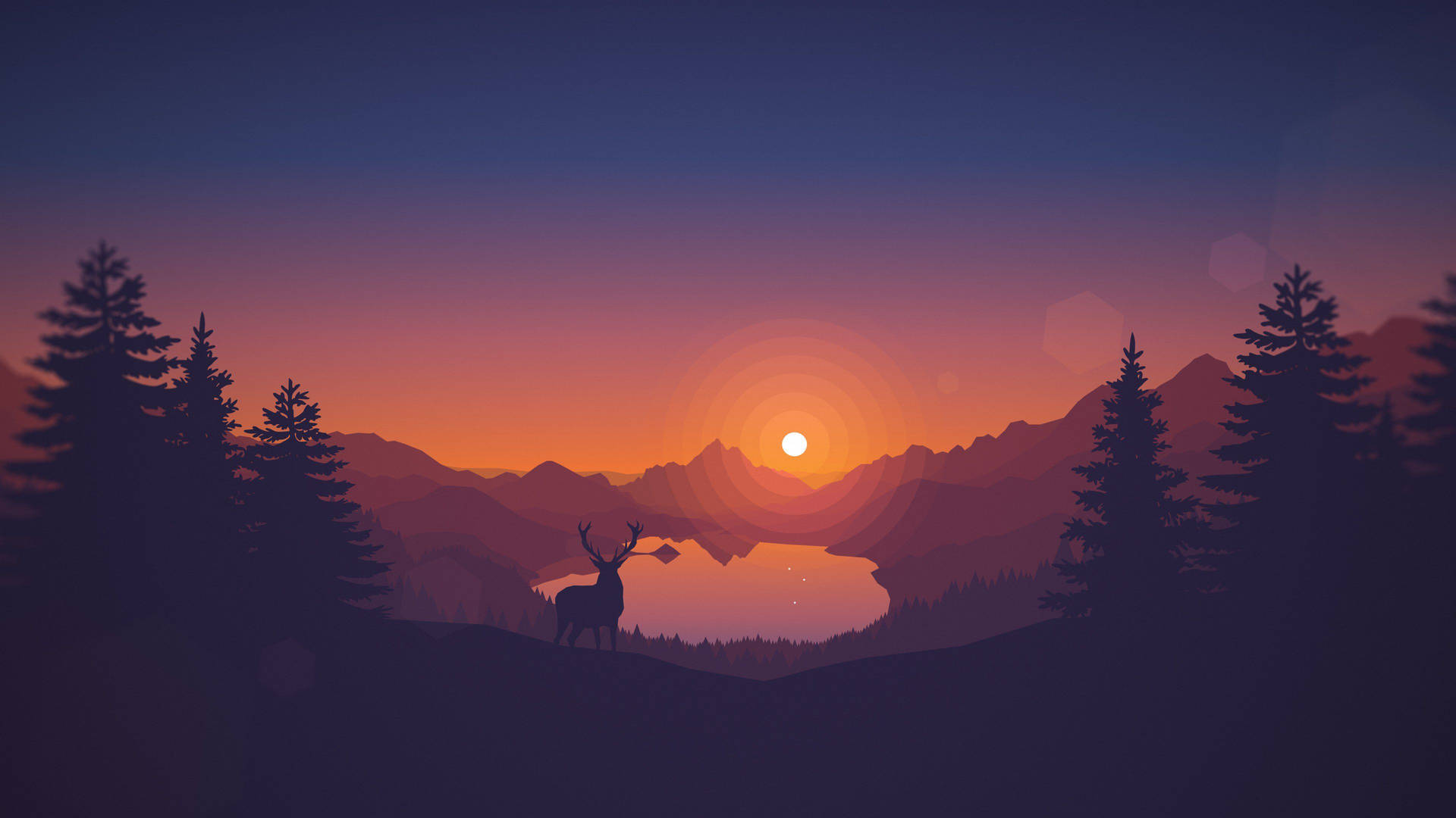 Minimalistisk bakgrunn av furutre, fjell og hjort under solnedgang