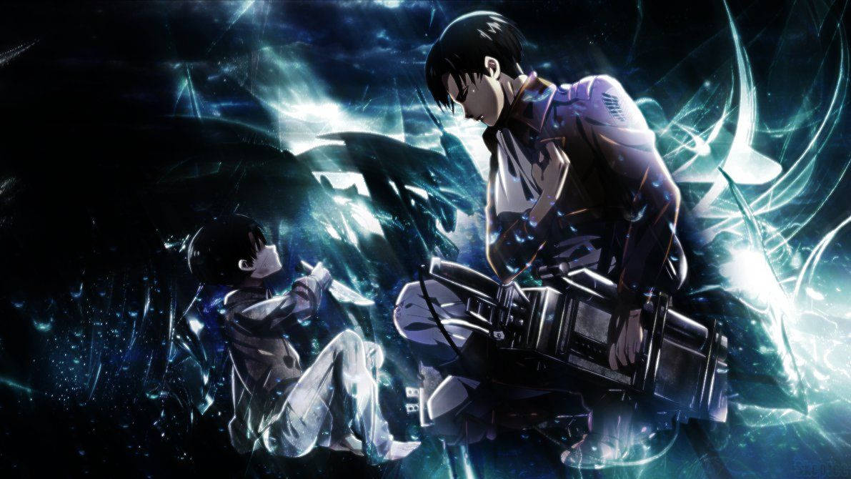 Attack on Titan sittende Levi som ser på sitt yngre jeg-bakgrunn.