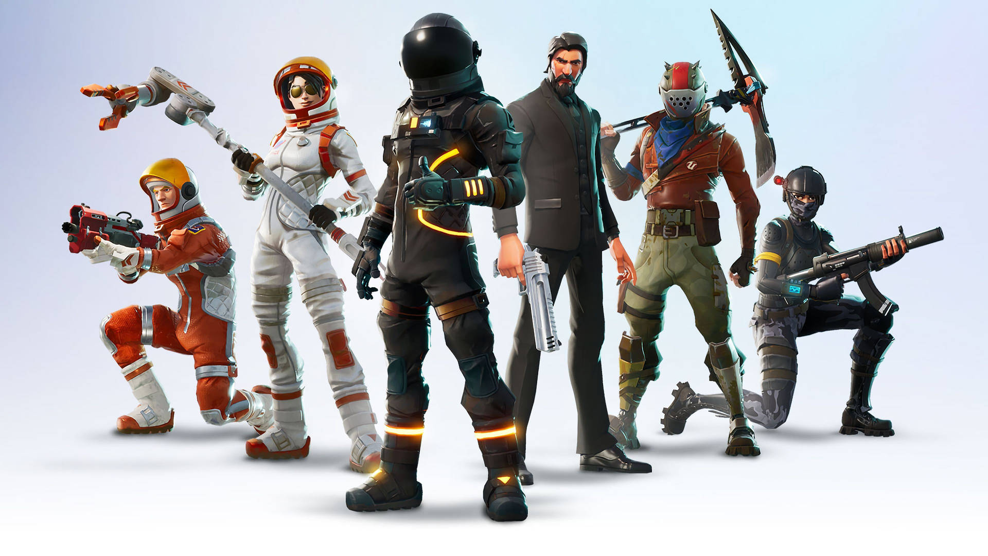 Seks kule figurer med filmskins som poserer fra spillet Fortnite på hvit bakgrunn HD-bakgrunn.