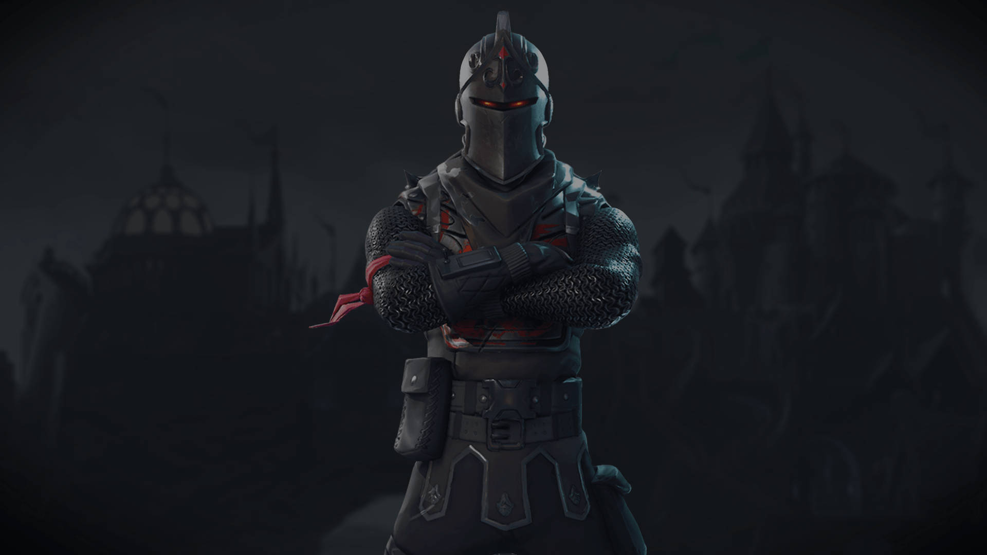 Et skin kalt Black Knight i Fortnite i en mørk slottsilhuettbakgrunn HD-bakgrunn.