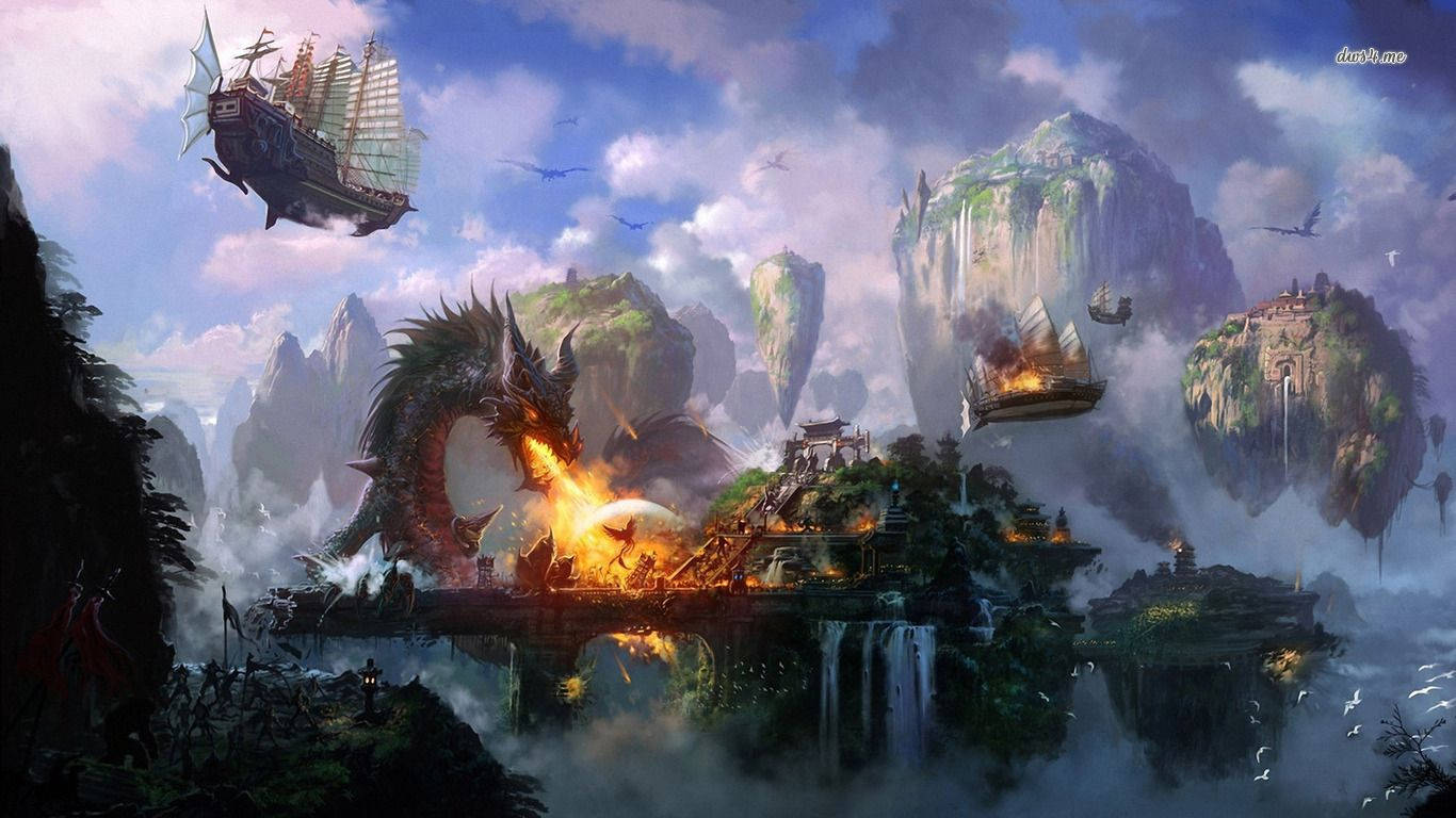 Skjønnheten til Dragon-Fire svevende øyer, sett ovenfra Bakgrunner