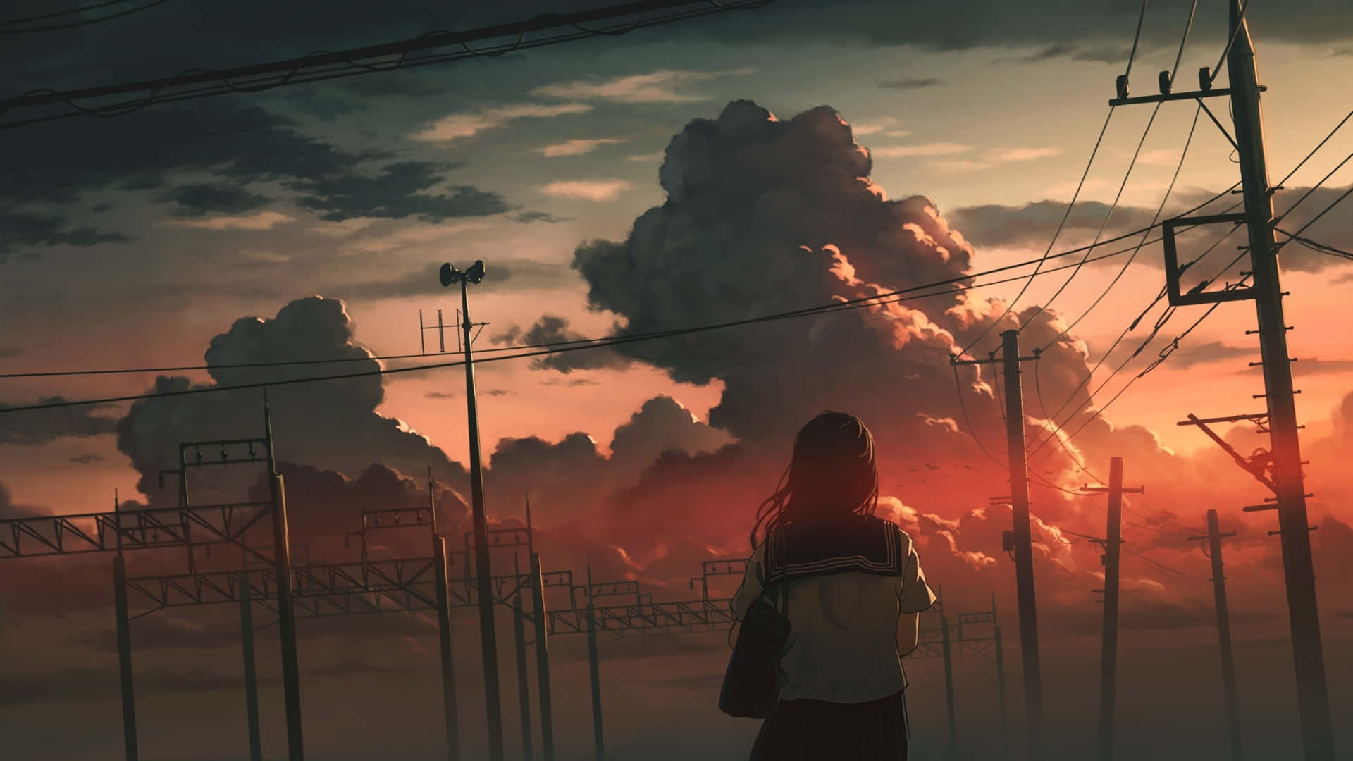 Skolejente Anime Solnedgang Skyet Himmel Bakgrunner