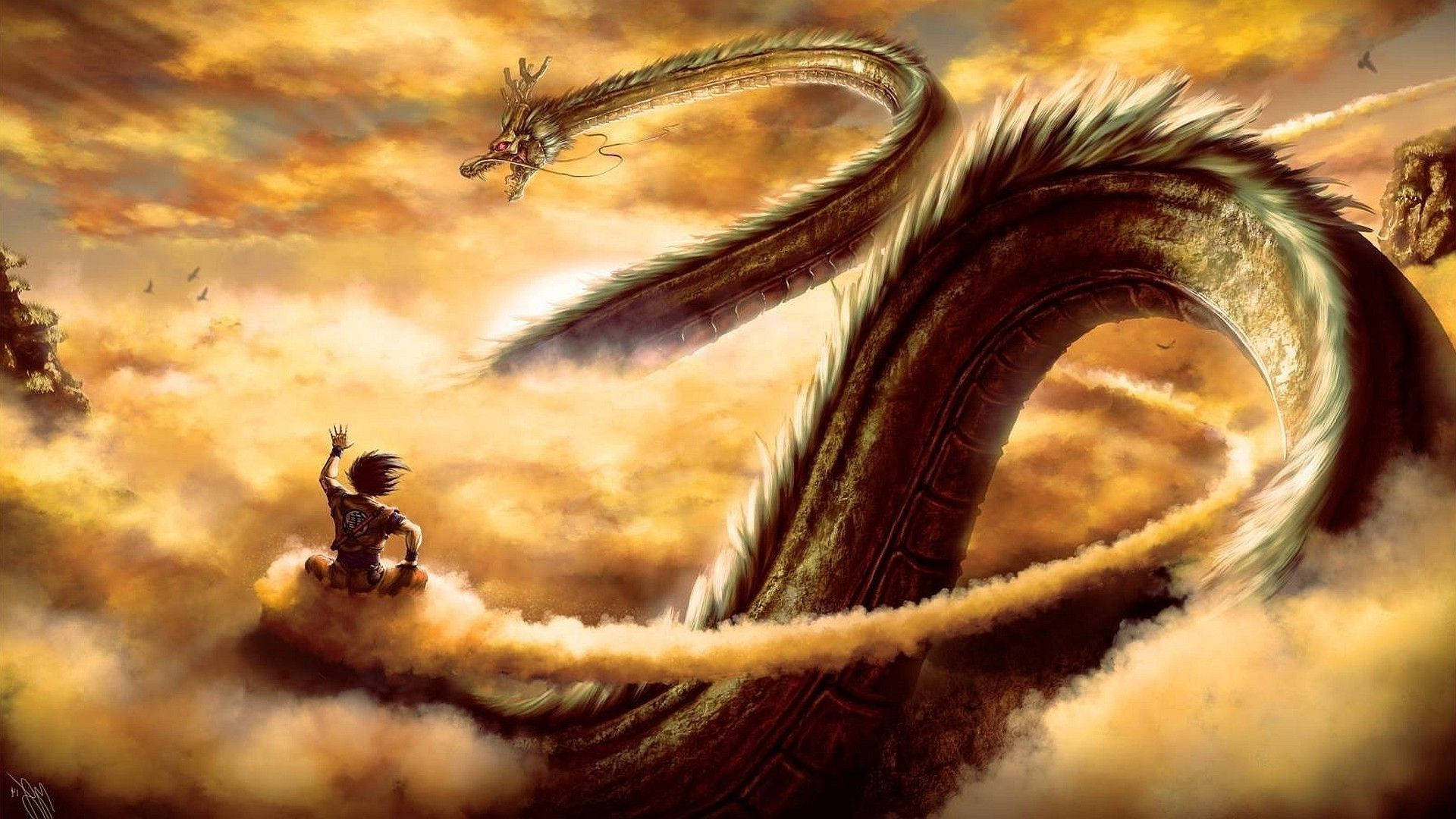Dragon Ball Z Live Action ekte Shenron, den lange grønne dragen, med San Goku som rir på en flygende sky.