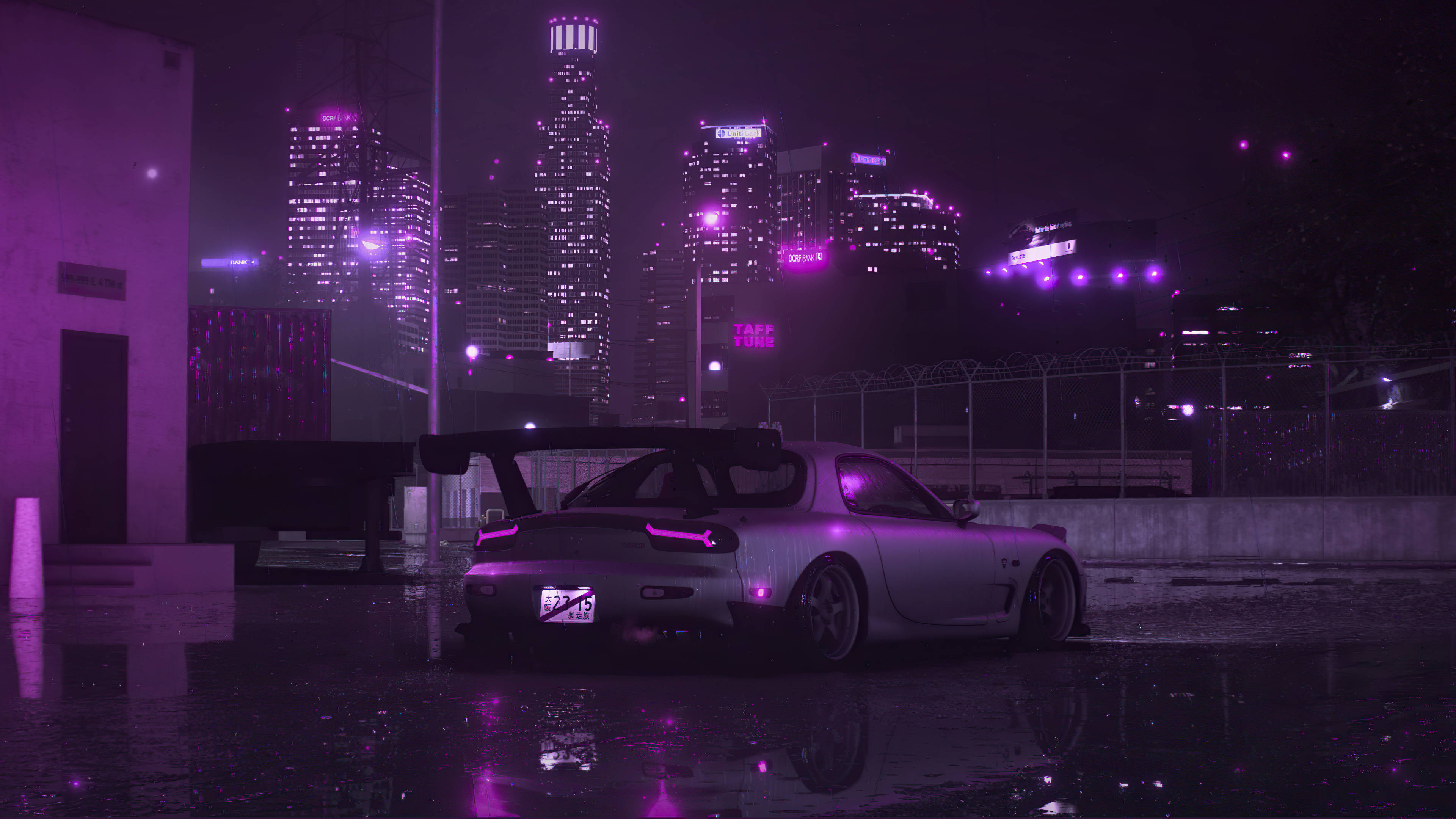 Sølv RX7 Og Lilla By Bakgrunner