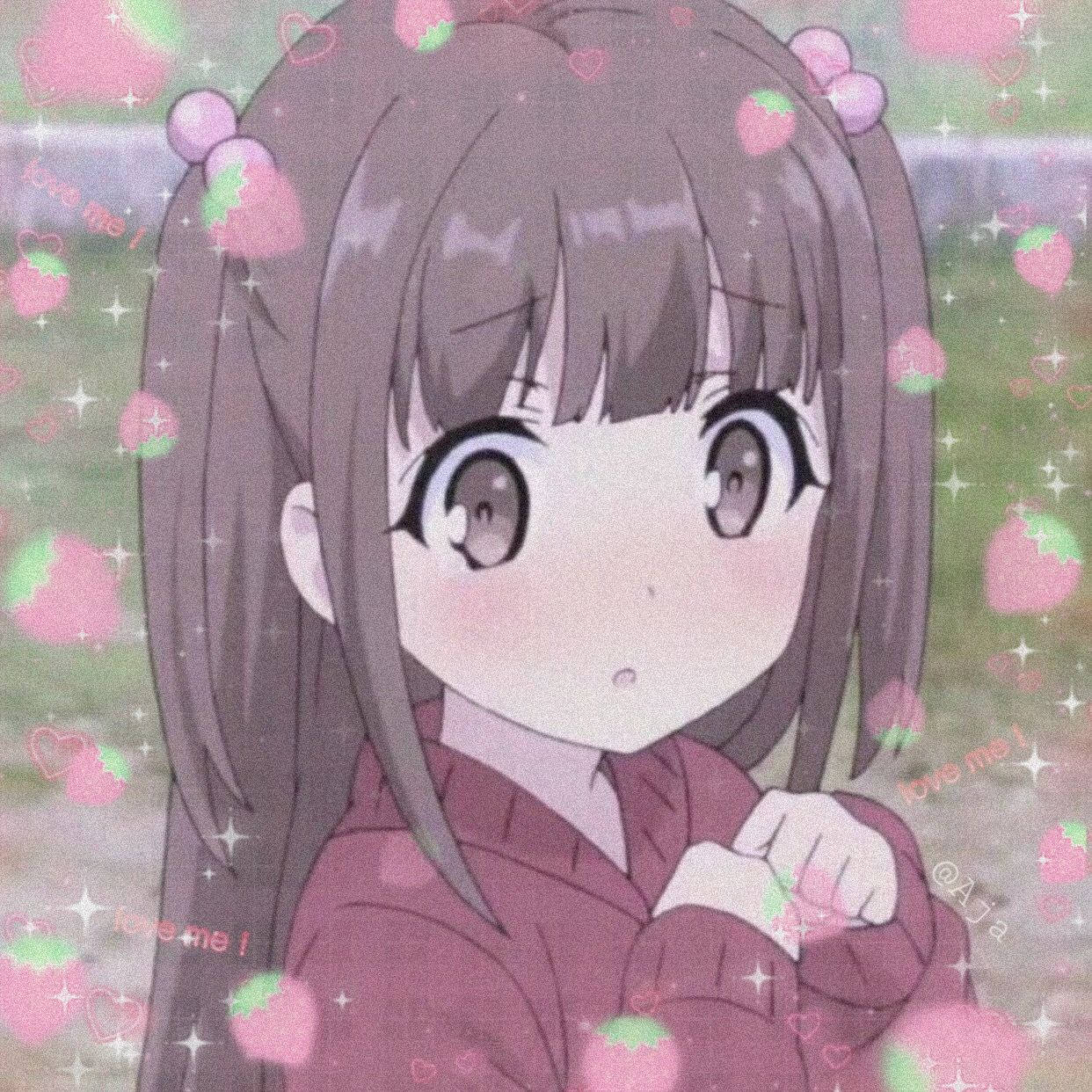 Søt animejente PFP Onnanoko jordbær og hjerter Bakgrunner