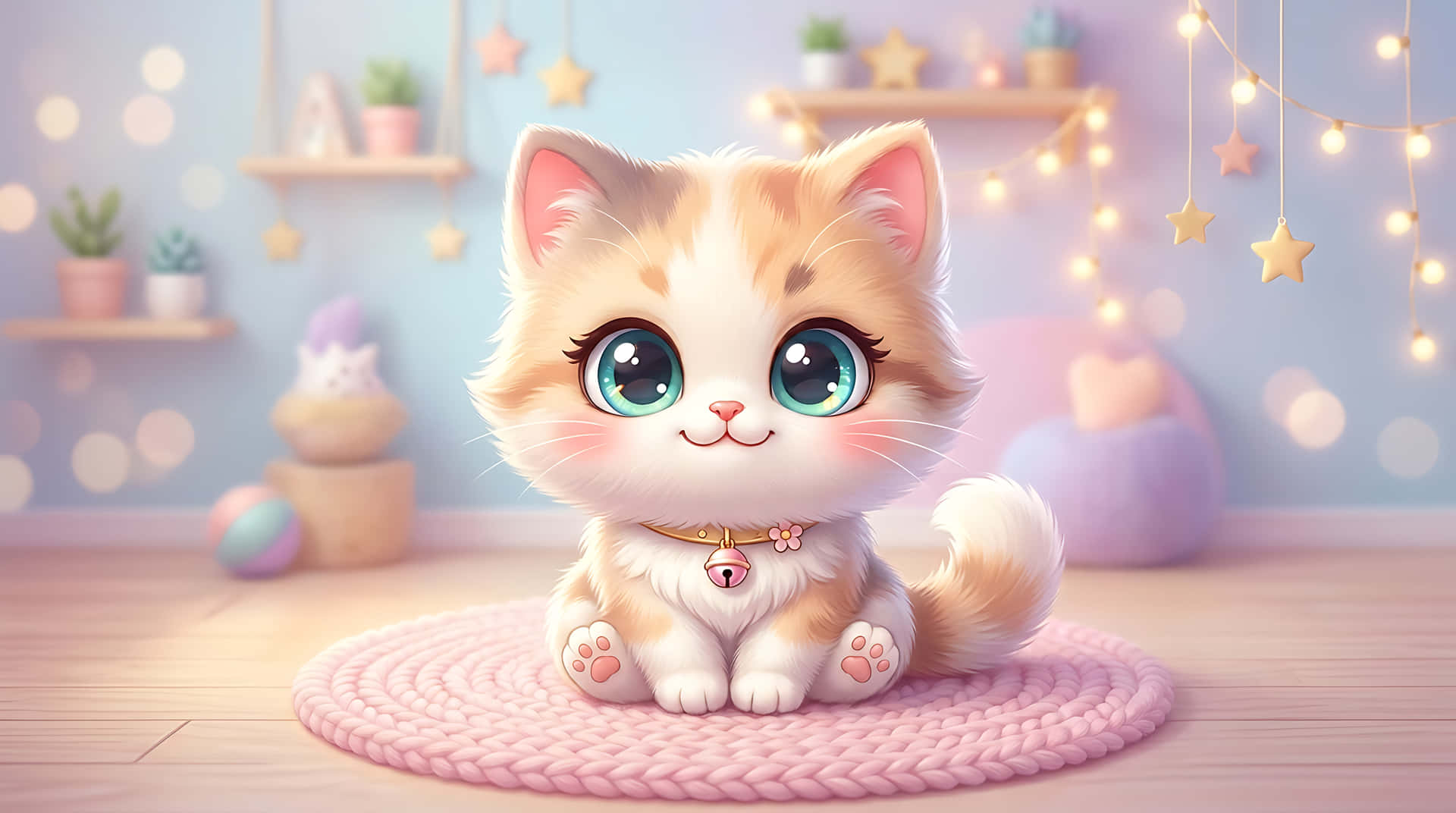 kattunge,katt,chibi,kawaii,søt,illustrasjon,tegneserie,pastell,kjæledyr,dyr,store øyne,bedårende,eventyrlys,koselig,rom,interiør,digital kunst,3d-gjengivelse,søt,myk
