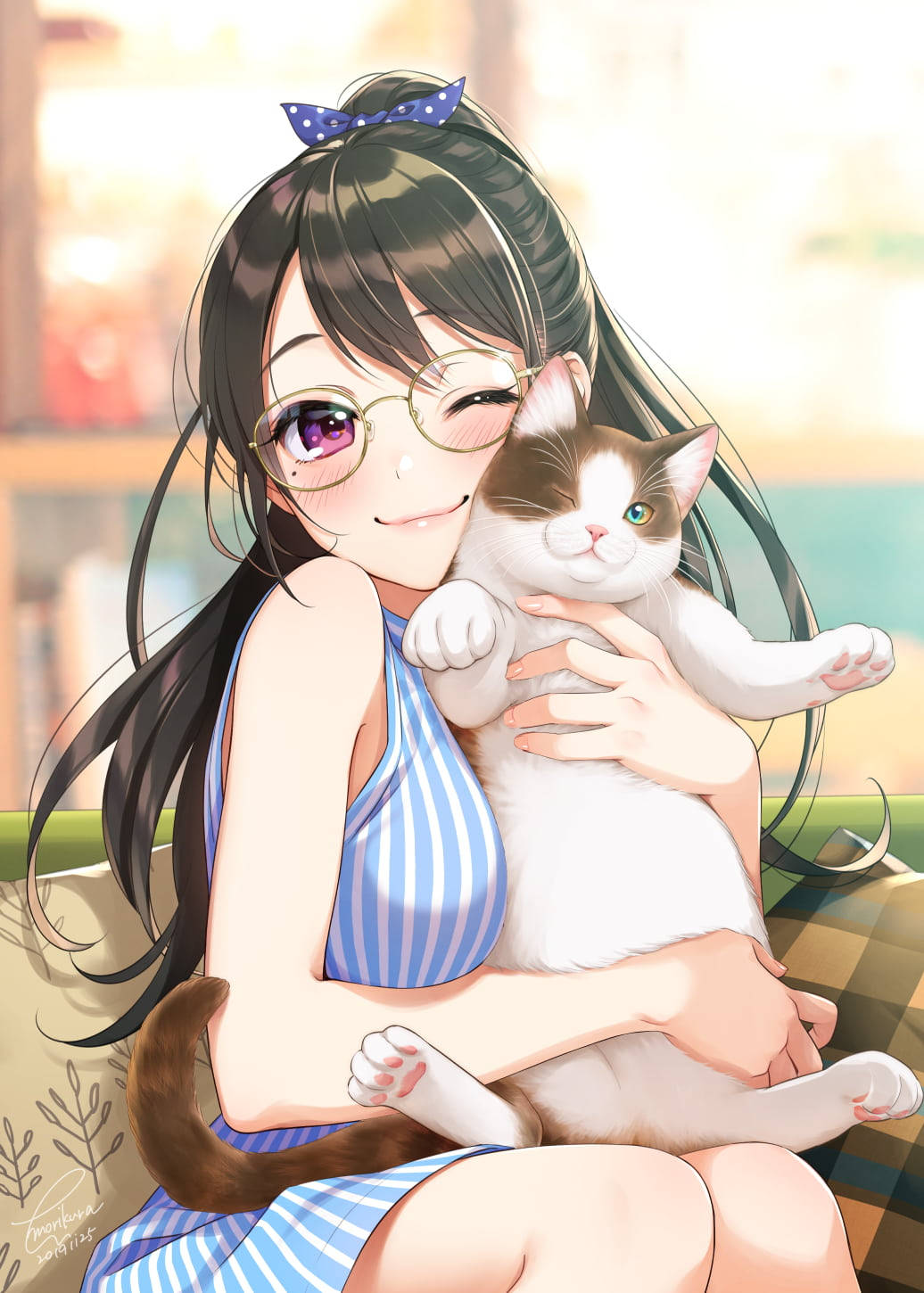 Søt Kawaii Animejente og Katt Bakgrunner