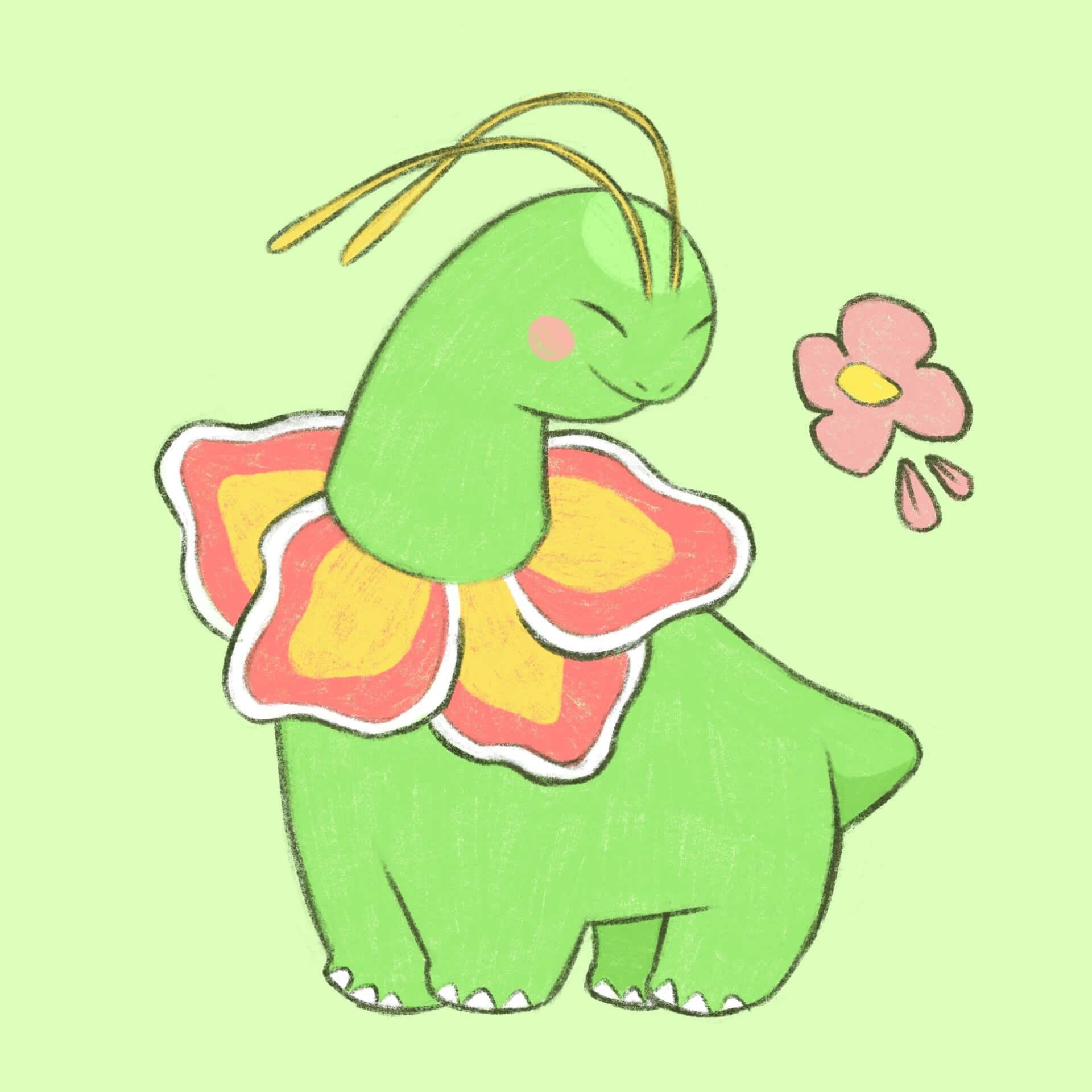 Søt Meganium-illustrasjon med grønn bakgrunn Bakgrunner