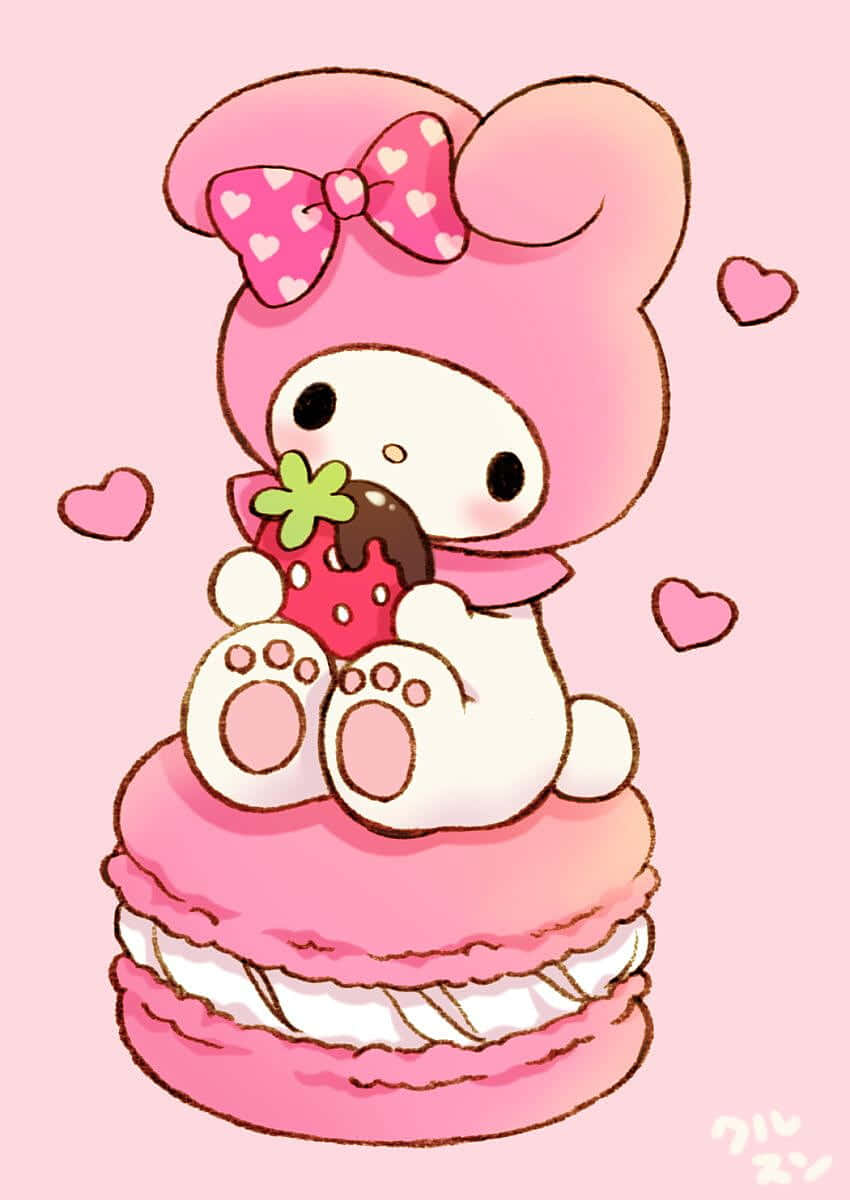 Søt My Melody som spiser jordbær på makron Bakgrunner