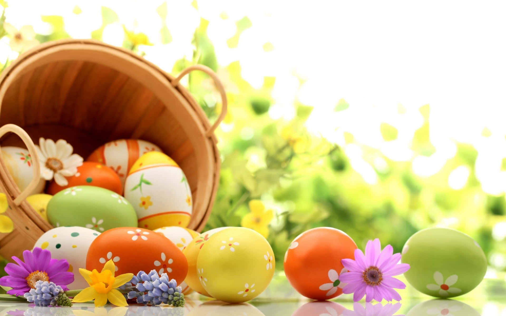 Søt påskehare omgitt av fargerike egg på en livlig vårbakgrunn Bakgrunner