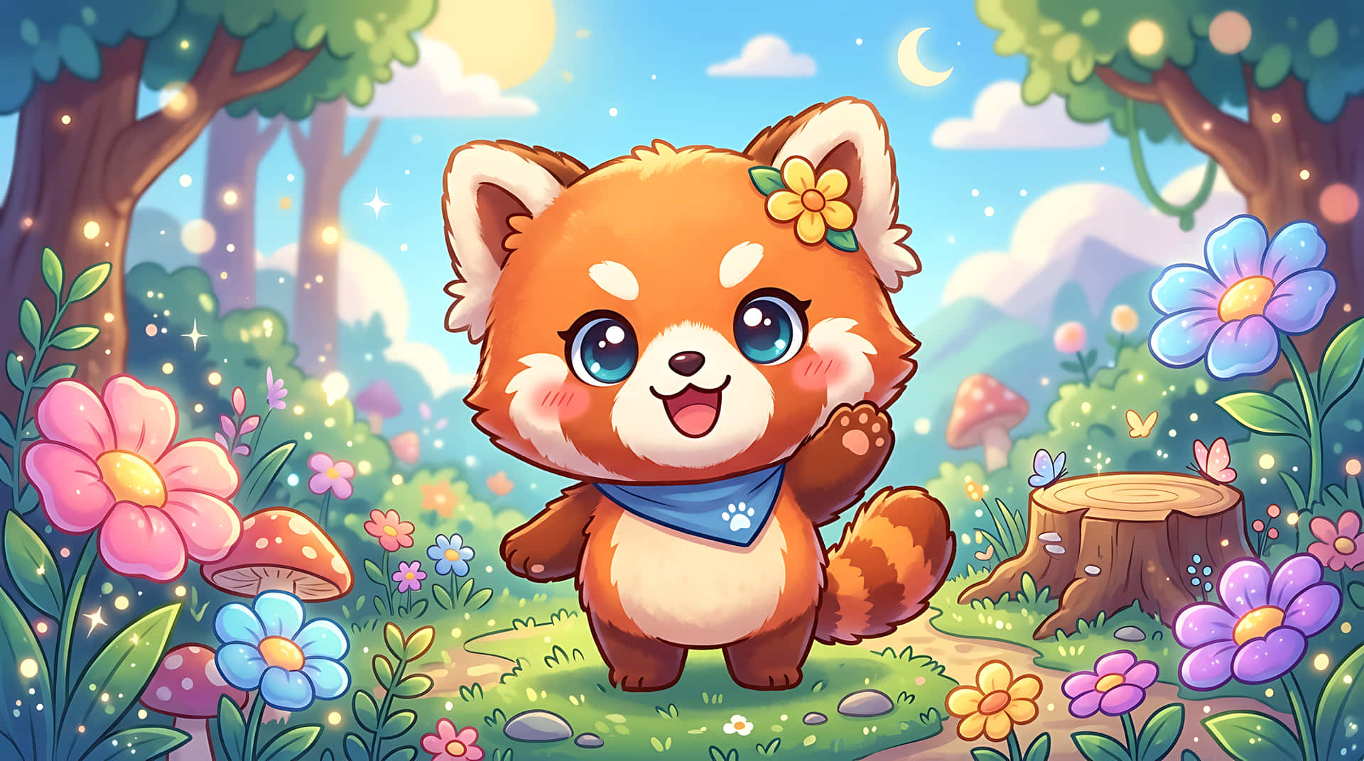 søt,panda,rød panda,tegneserie,kawaii,chibi,dyr,karakter,søtt dyr,tegneseriedyr,bedårende,pastell,fargerik,fantasi,skog,natur,illustrasjon,estetisk,bakgrunn,4k